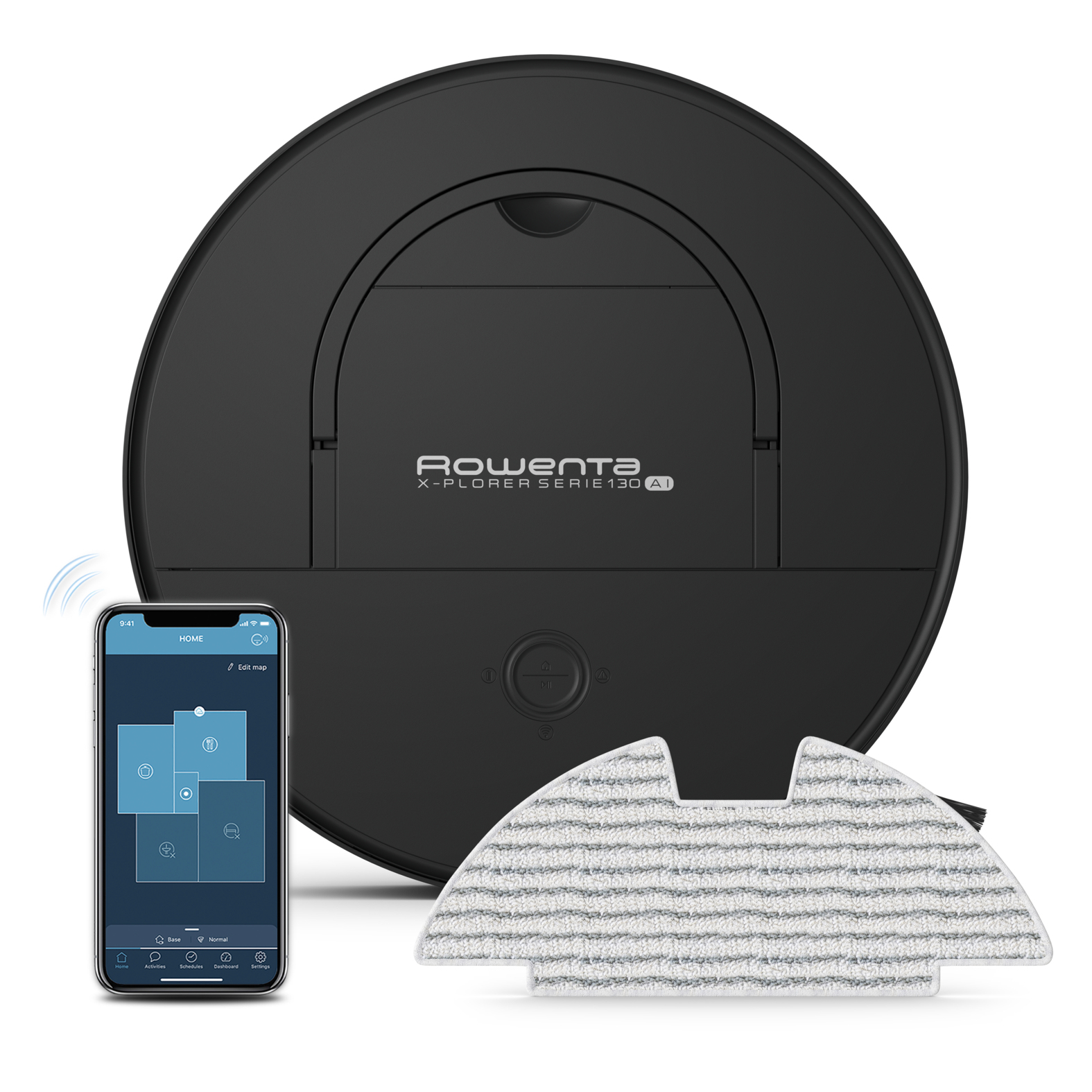 Czarny odkurzacz automatyczny ze smartfonem pokazującym mapę sprzątania i dwie nakładki czyszczące.