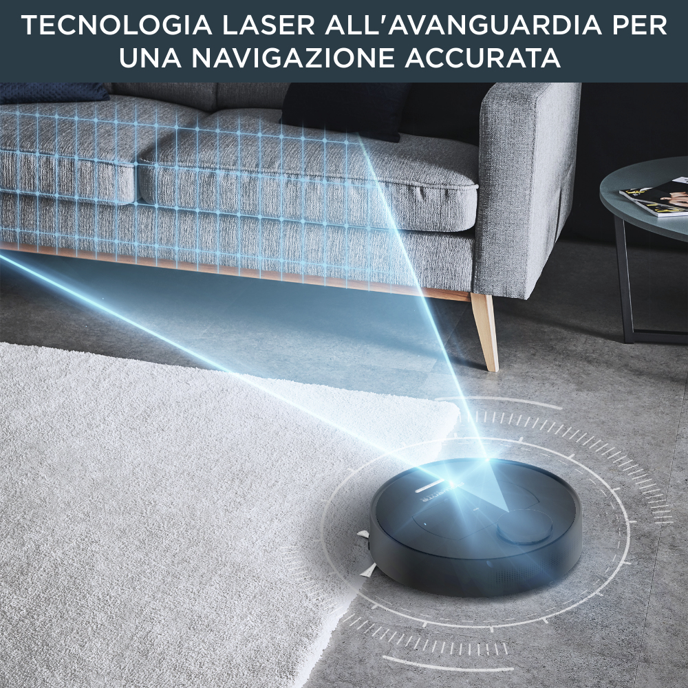 Czarny odkurzacz robot z niebieskimi liniami laserowymi i tekstem: 'Tecnologia laser all'avanguardia'.