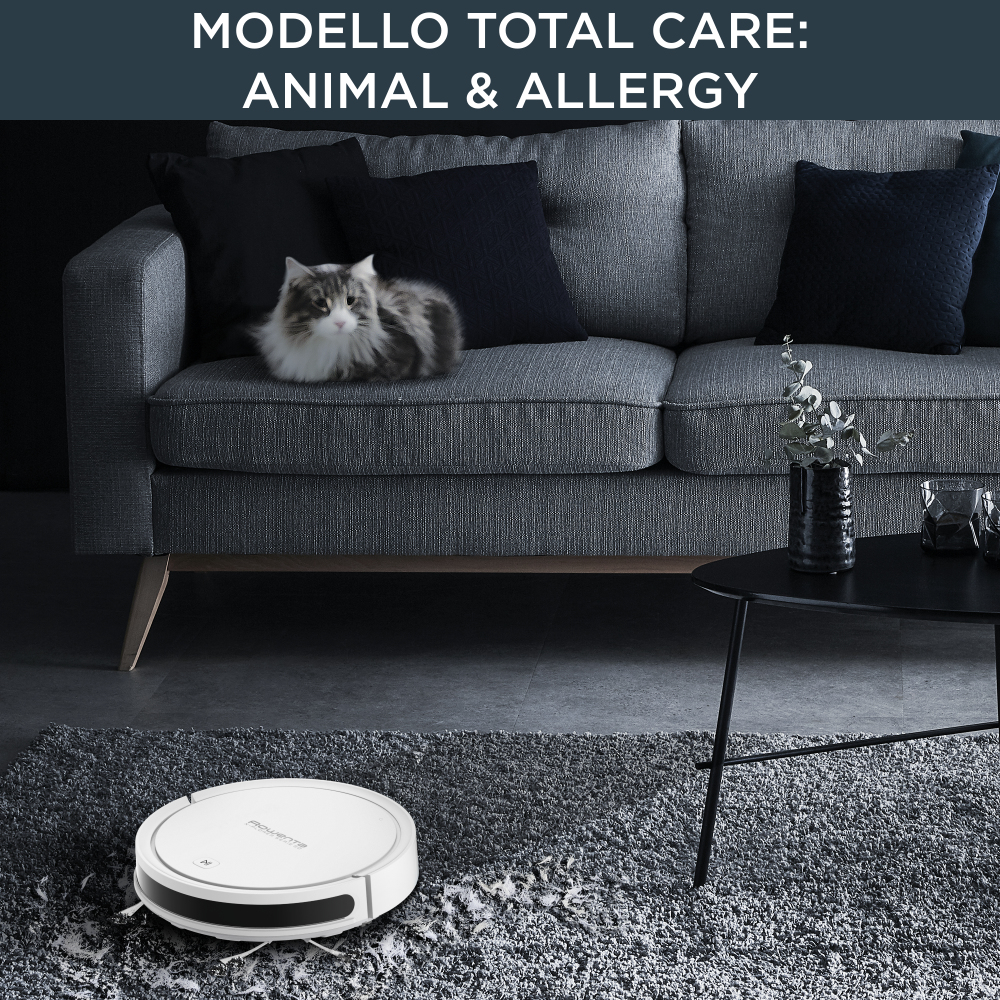 Kot na szarej kanapie, odkurzacz na podłodze, a po prawej stronie mały stolik.