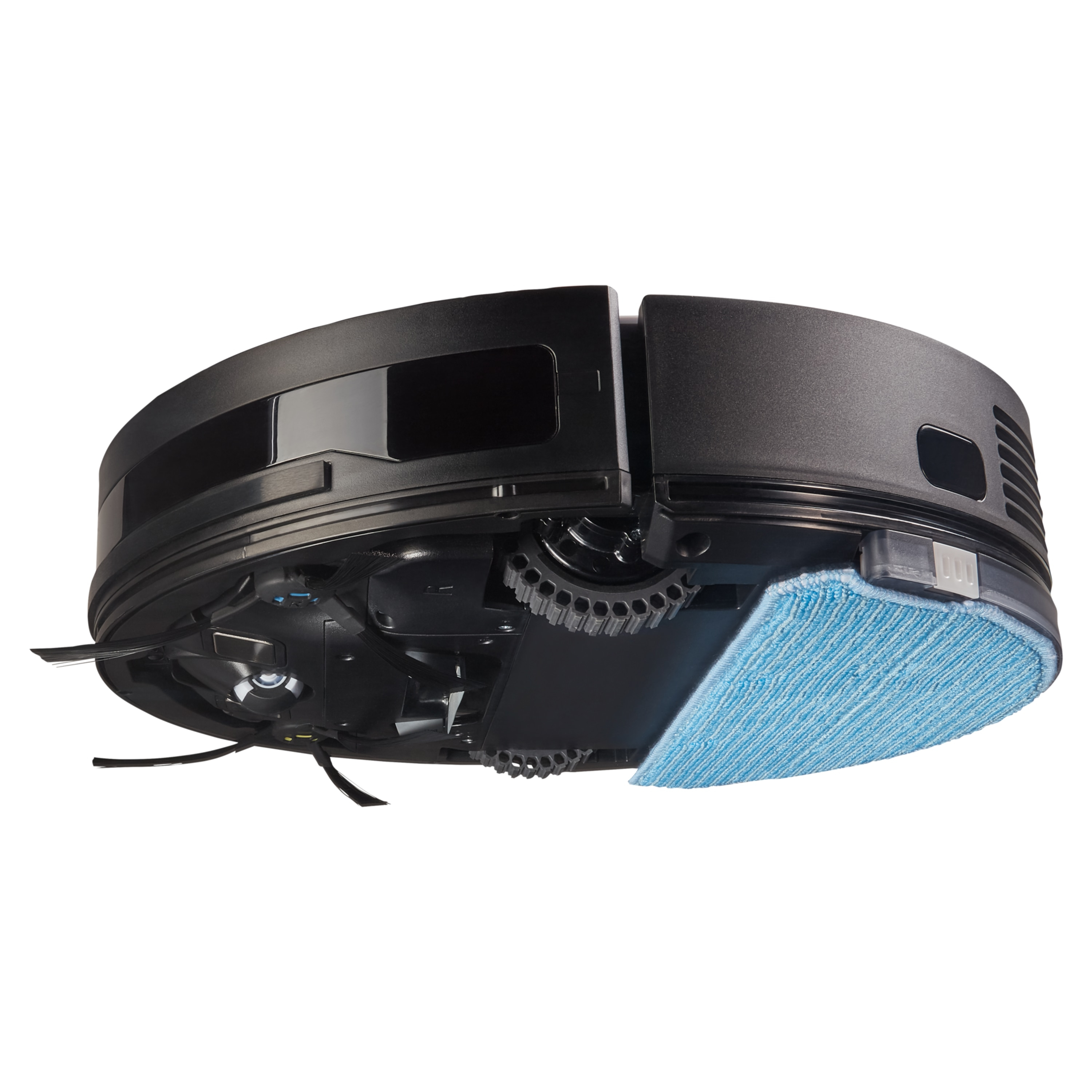 Czarny odkurzacz automatyczny na białej powierzchni, z dołączoną niebieską nakładką czyszczącą. Widok od dołu.