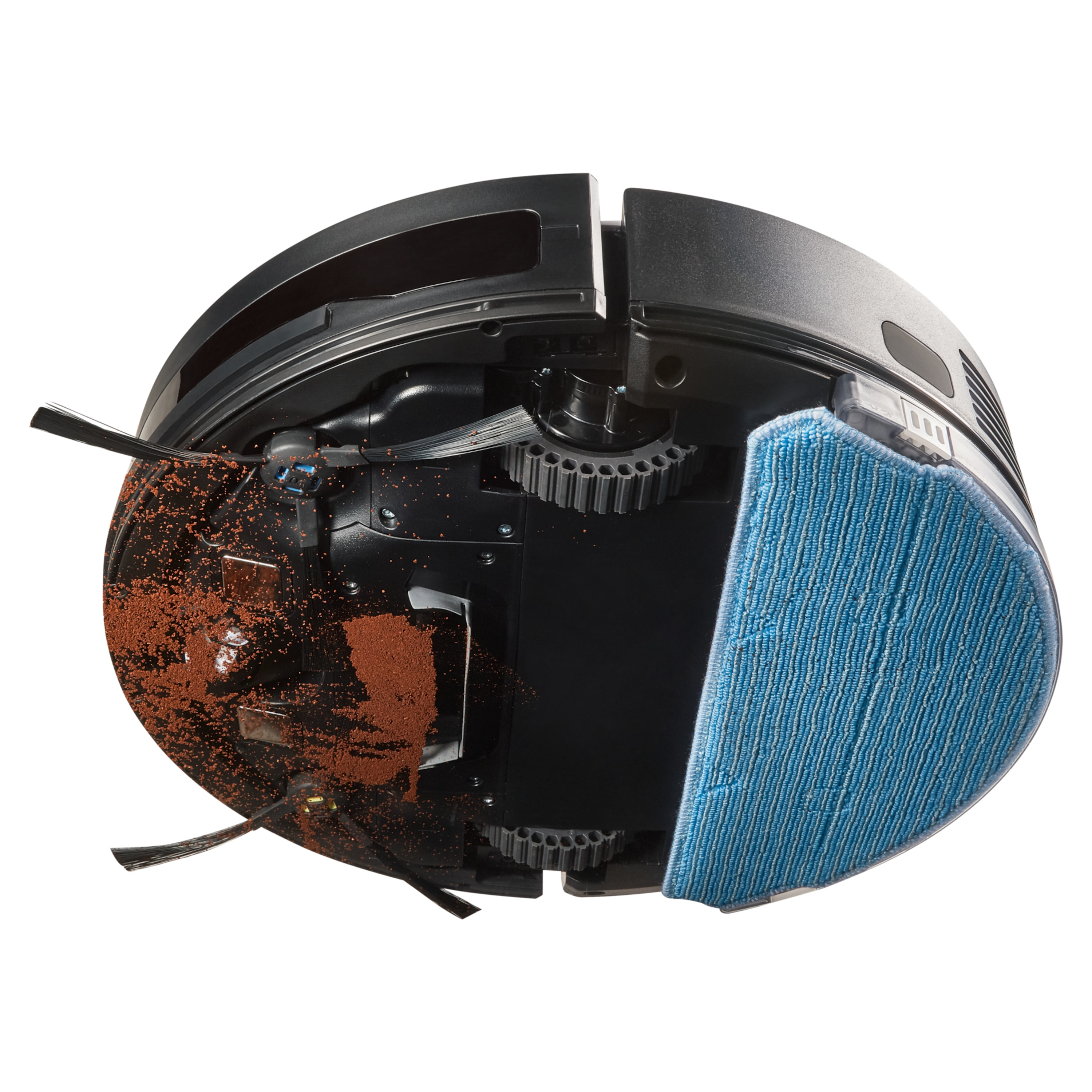 Robot odkurzający, z niebieskim mopem i resztkami brudu.