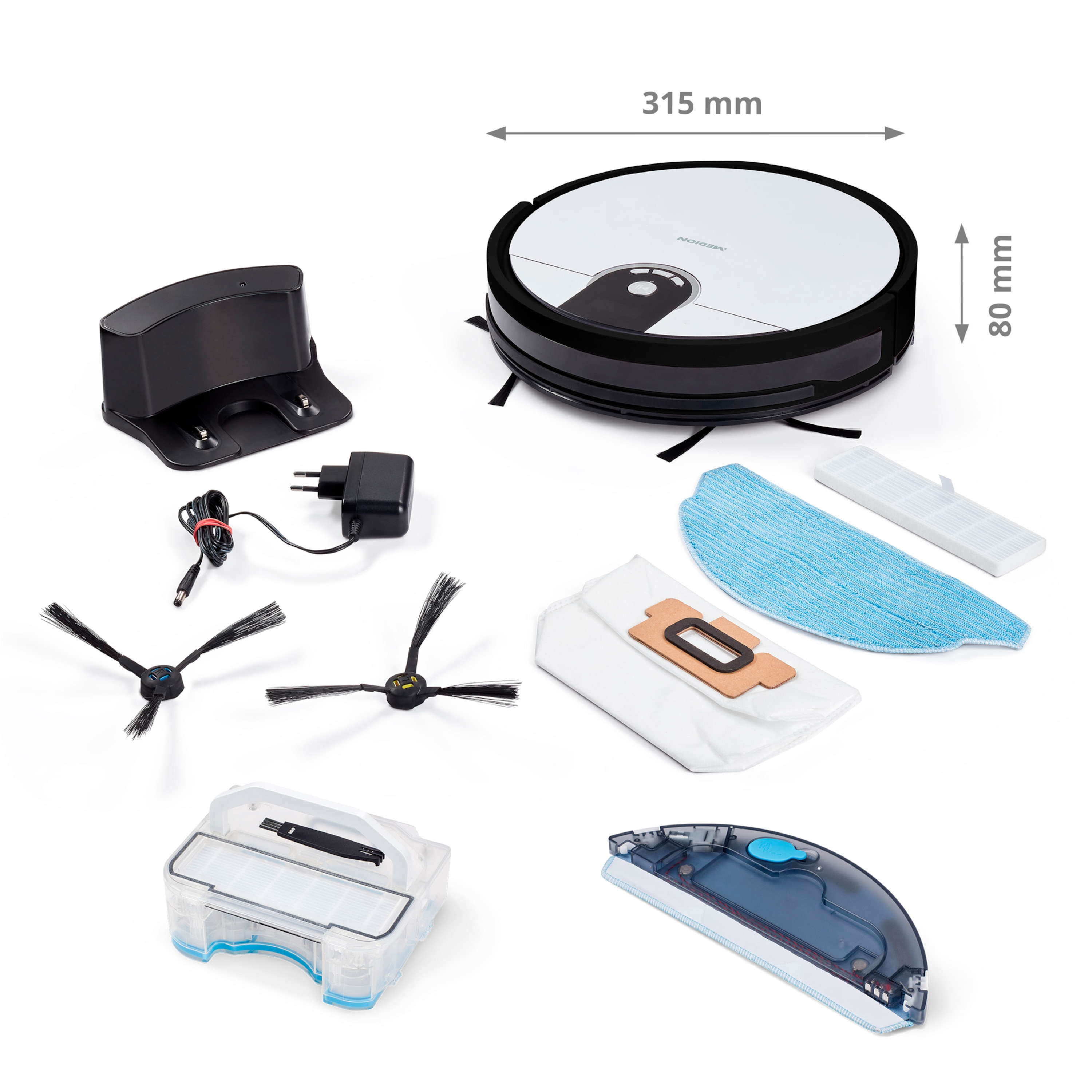 Robot sprzątający i akcesoria. Zawiera stację ładującą, szczotki, filtr i pady czyszczące.