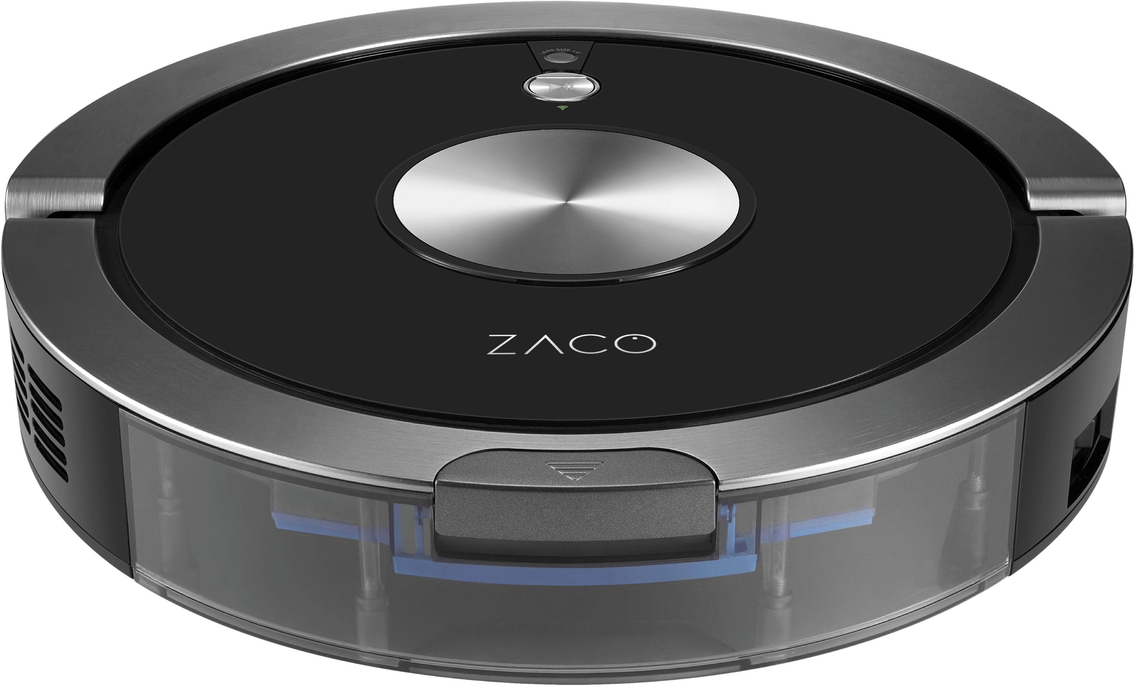 Draufsicht auf einen schwarzen Roboter-Staubsauger mit Zaco-Branding.