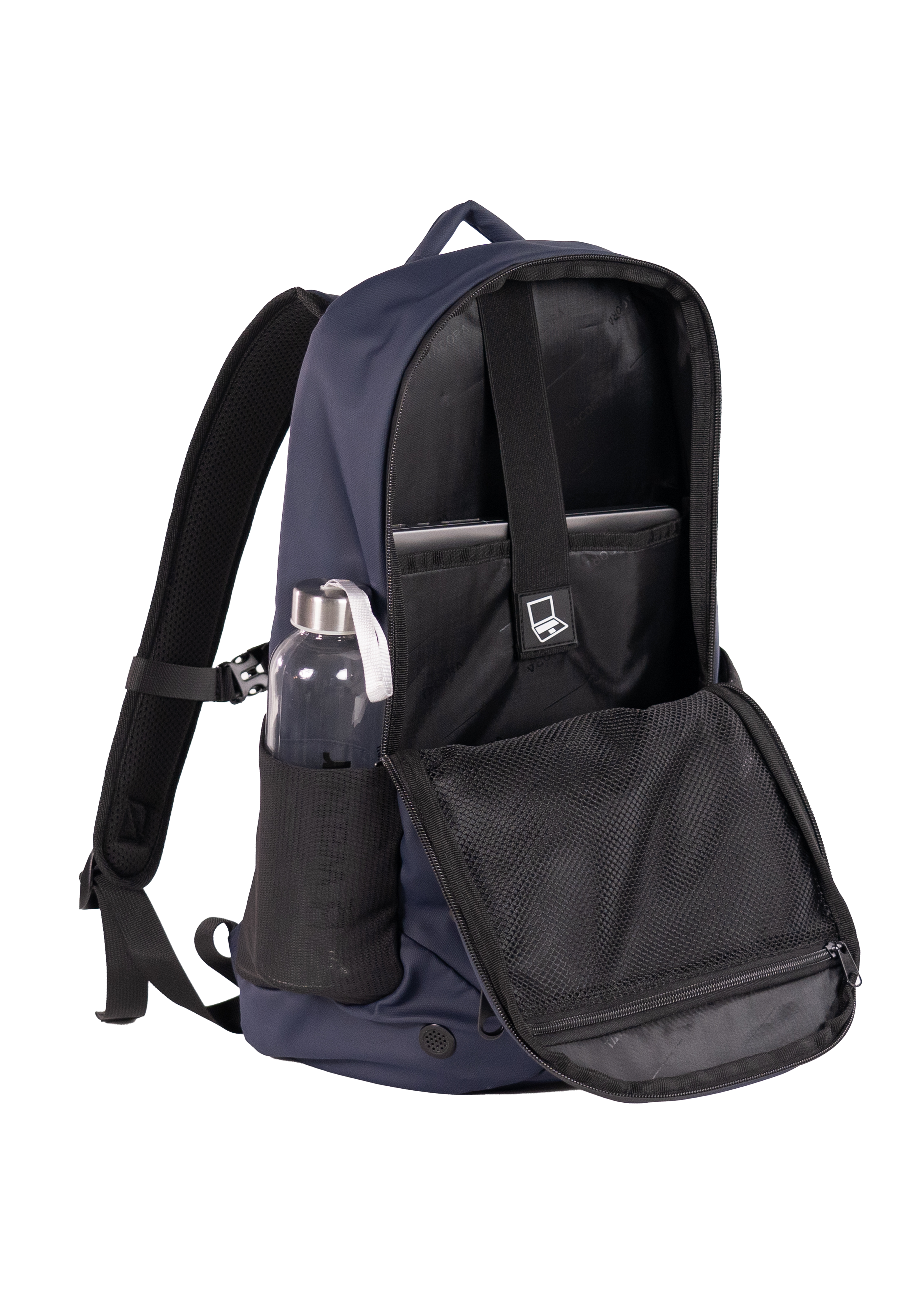Mochila abierta con portátil, botella de agua y bolsillo de malla, azul oscuro.