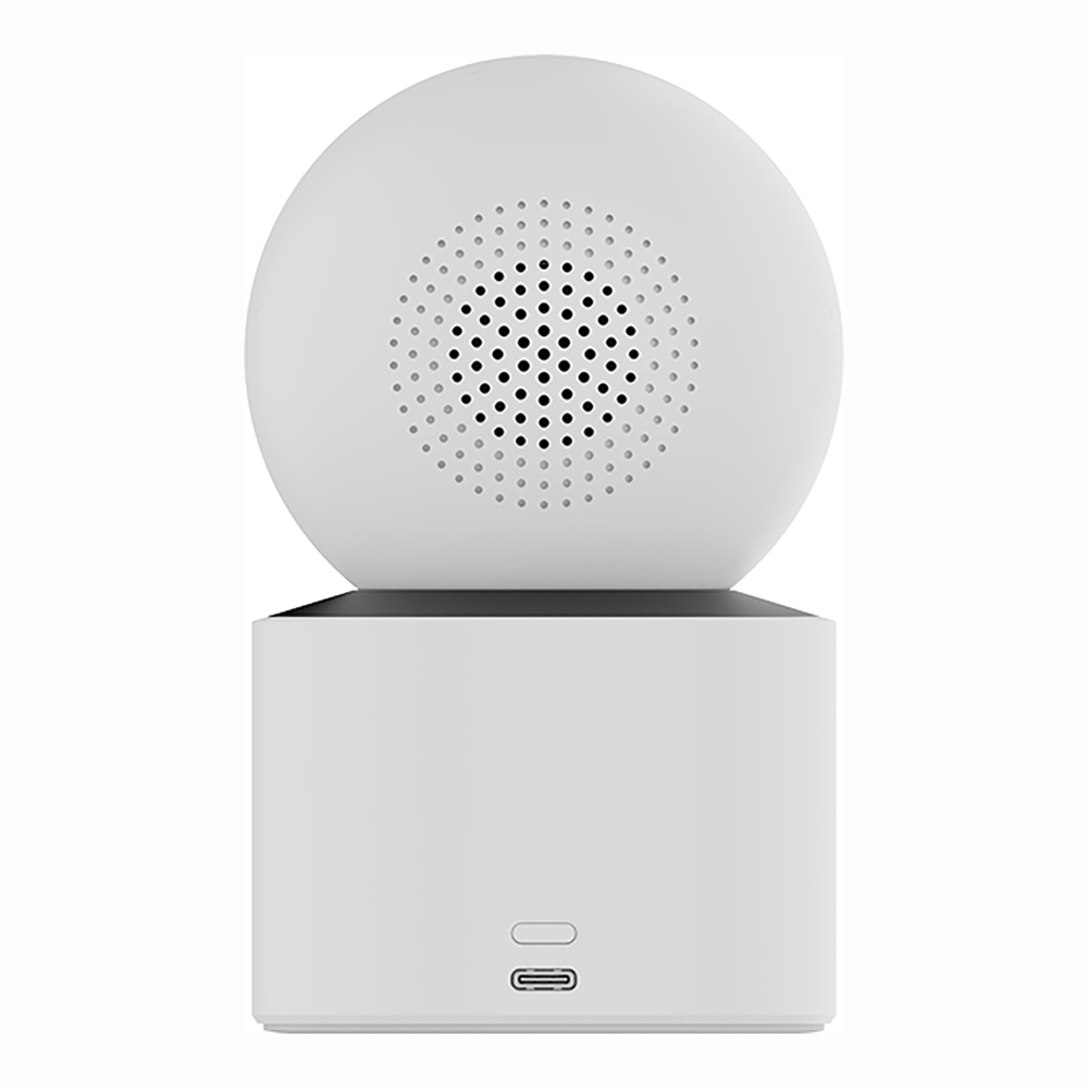 Weißes Smart-Home-Gerät mit Lautsprecherlöchern. Es hat eine runde Oberseite und eine quadratische Basis.