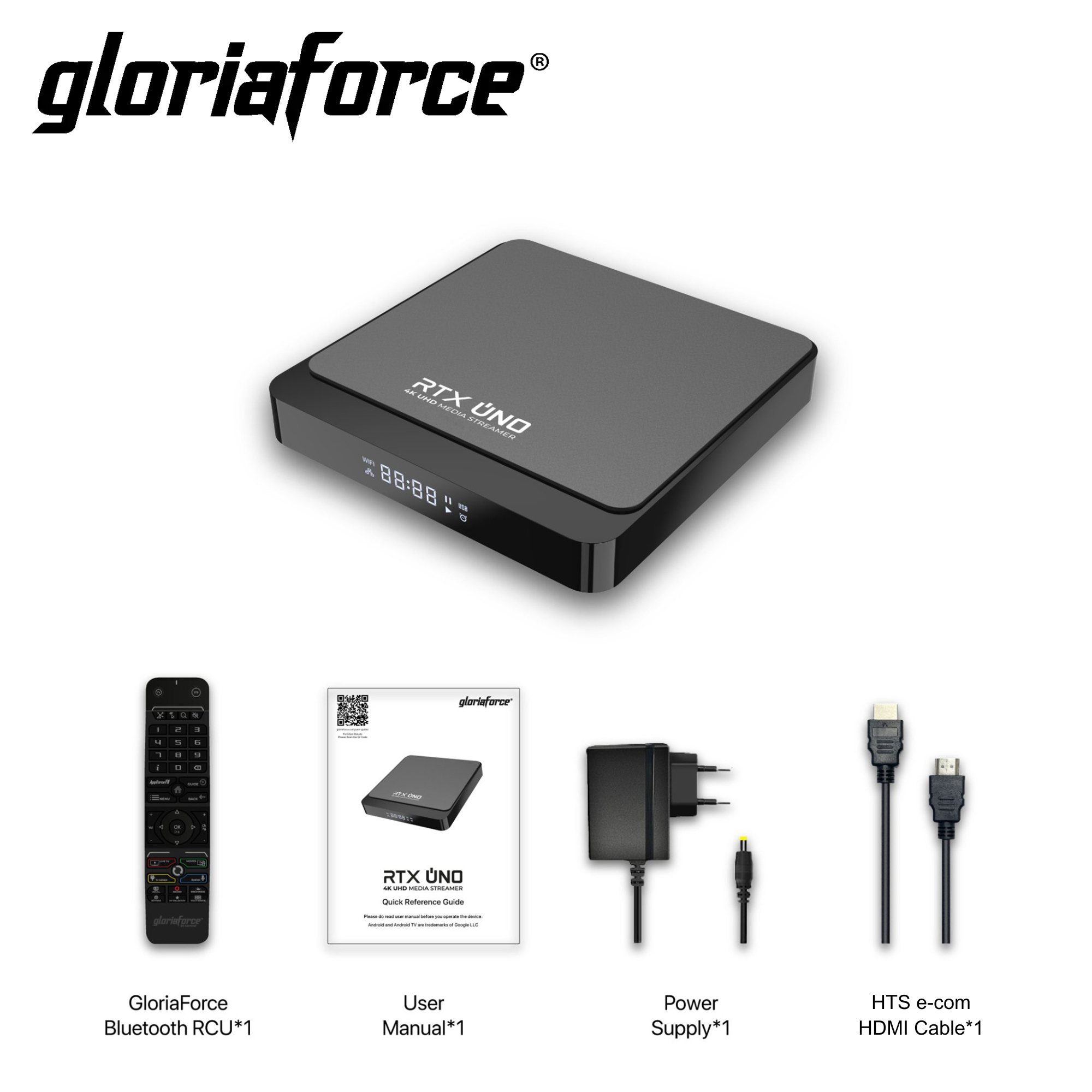 Ein schwarzer Mediaplayer mit Fernbedienung, Handbuch, Netzteil und HDMI-Kabel auf weißem Hintergrund.