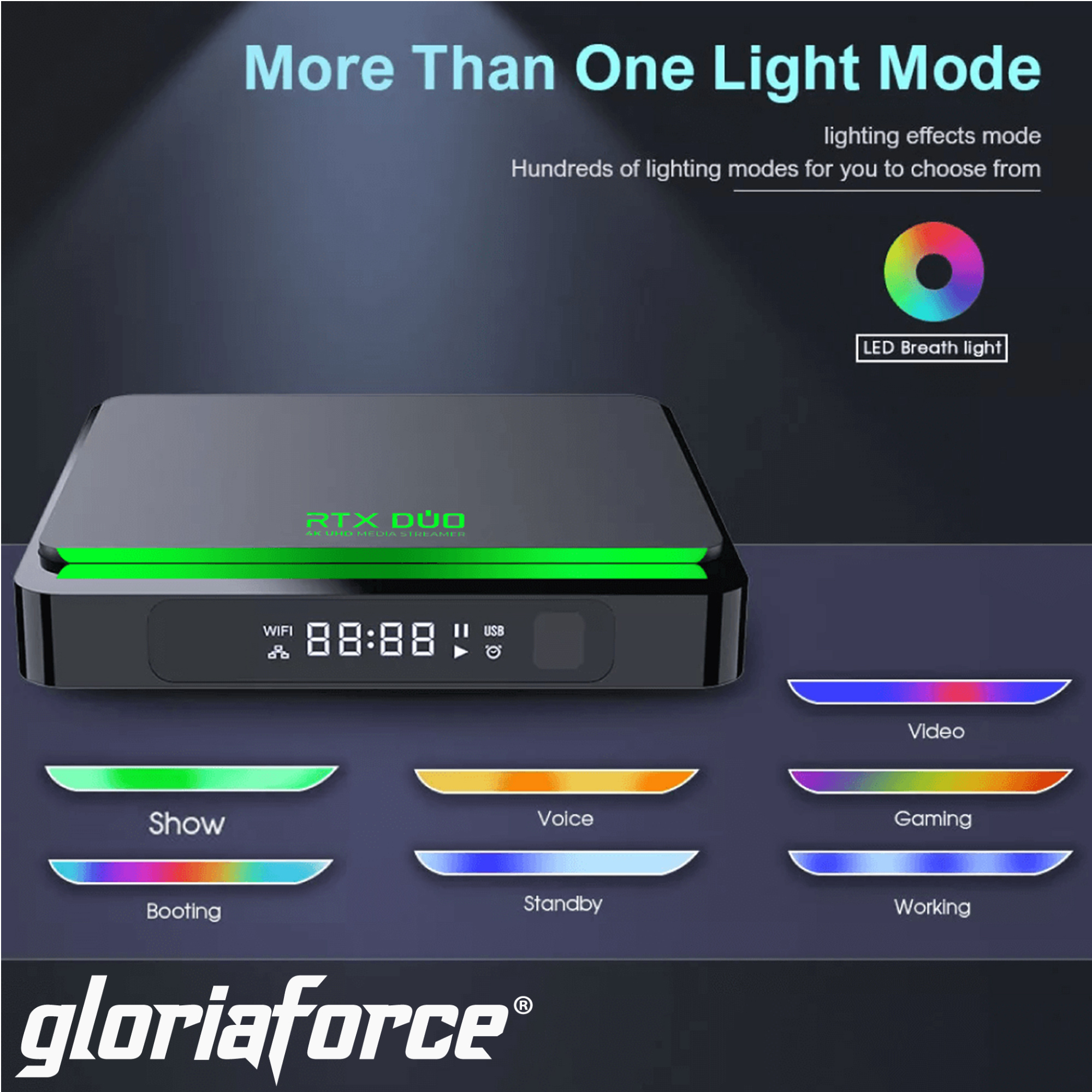 Schwarze TV-Box mit grünem LED-Licht. Unten gibt es verschiedene Farblichtmuster.