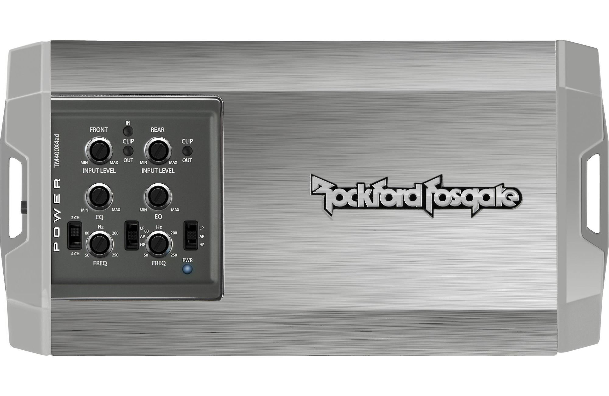 Rockford Fosgate Auto-Verstärker, silber, mit Knöpfen und Text auf der Vorderseite.