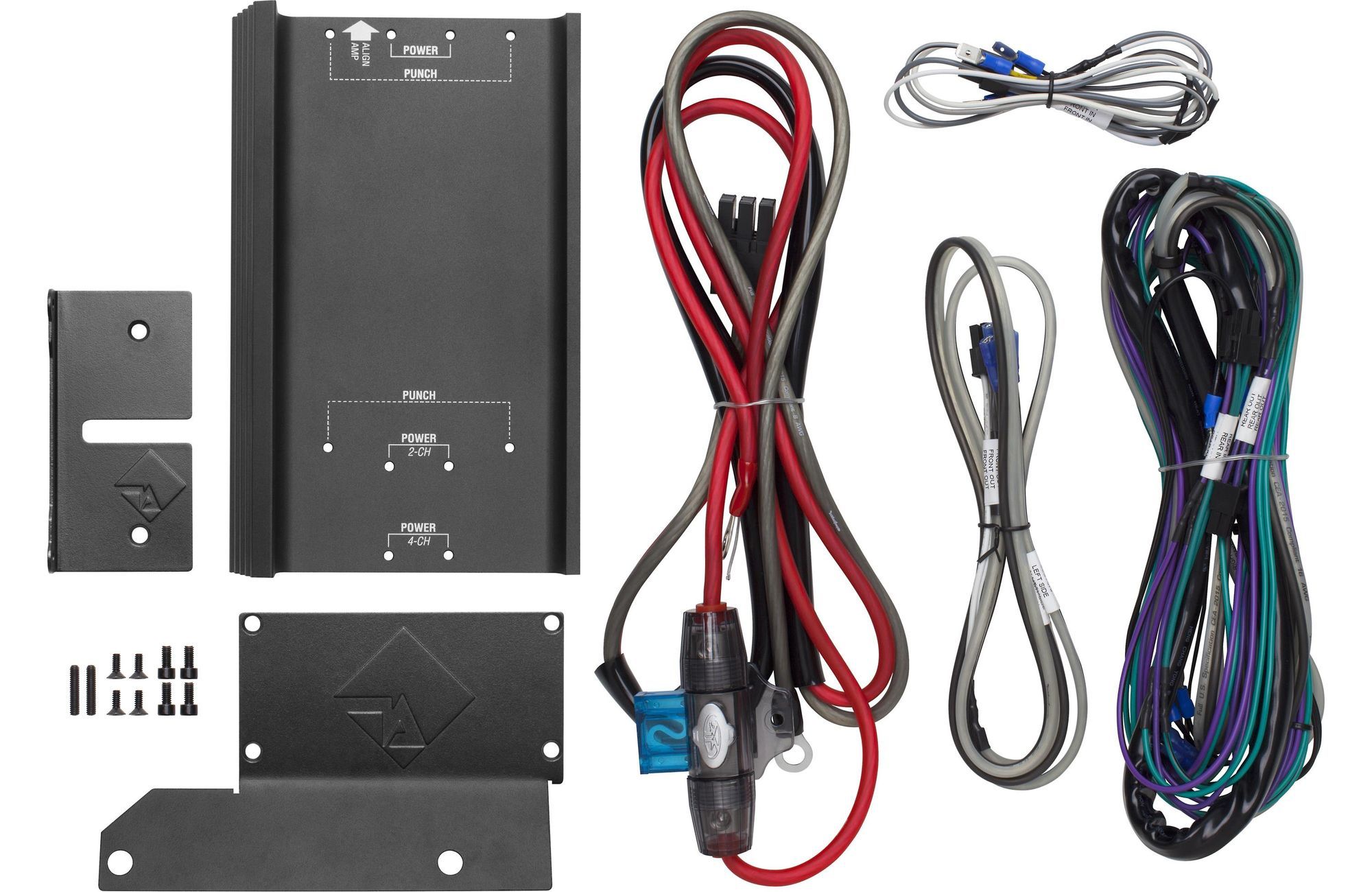 Auto-Audio-Einbauteile. Schwarzes Metallpaneel, Kabel, Sicherung, Befestigungsteile.