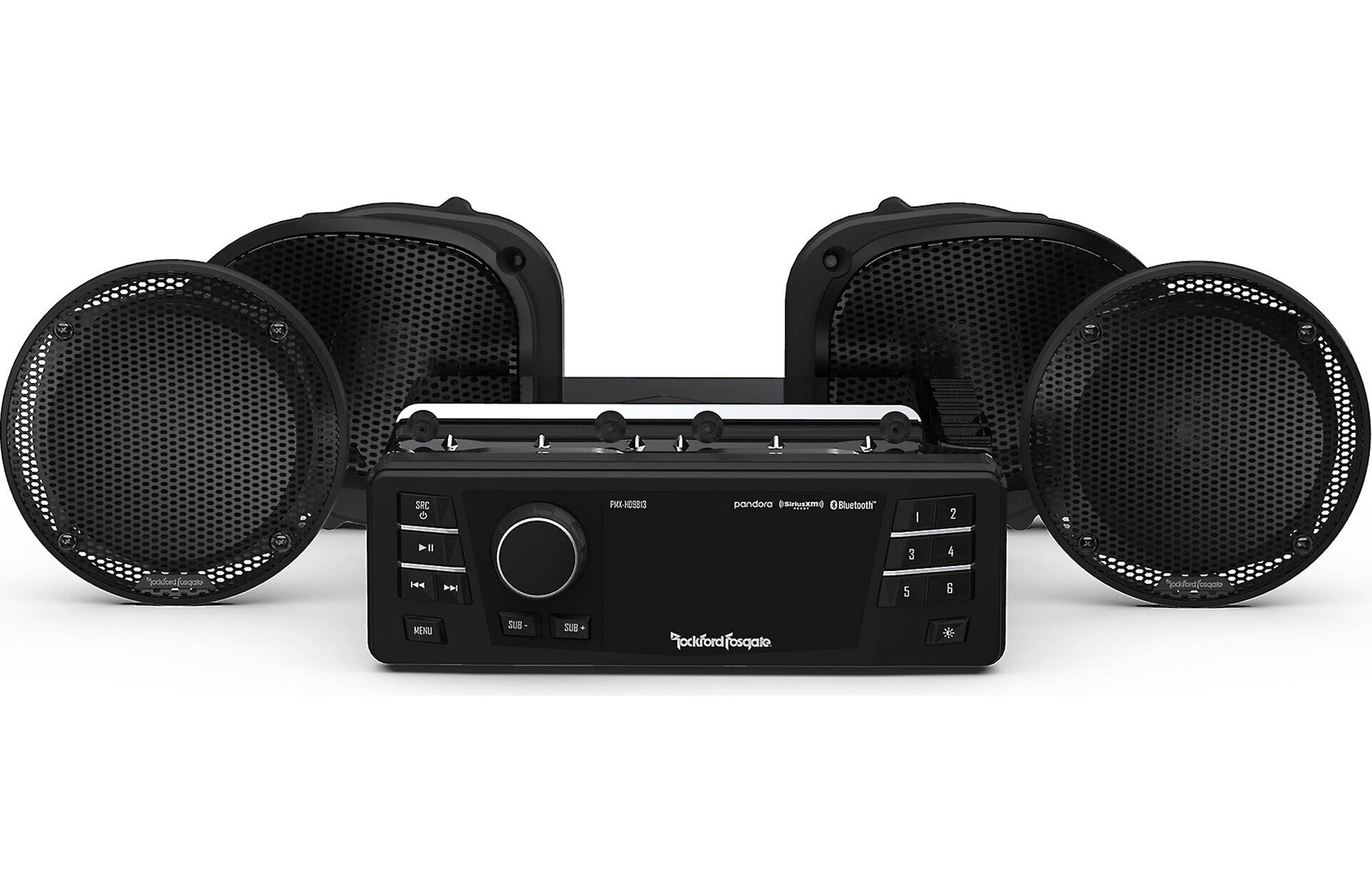 Schwarzes Audiosystem mit Lautsprechern, zentrale Steuerung und vier Lautsprecher.