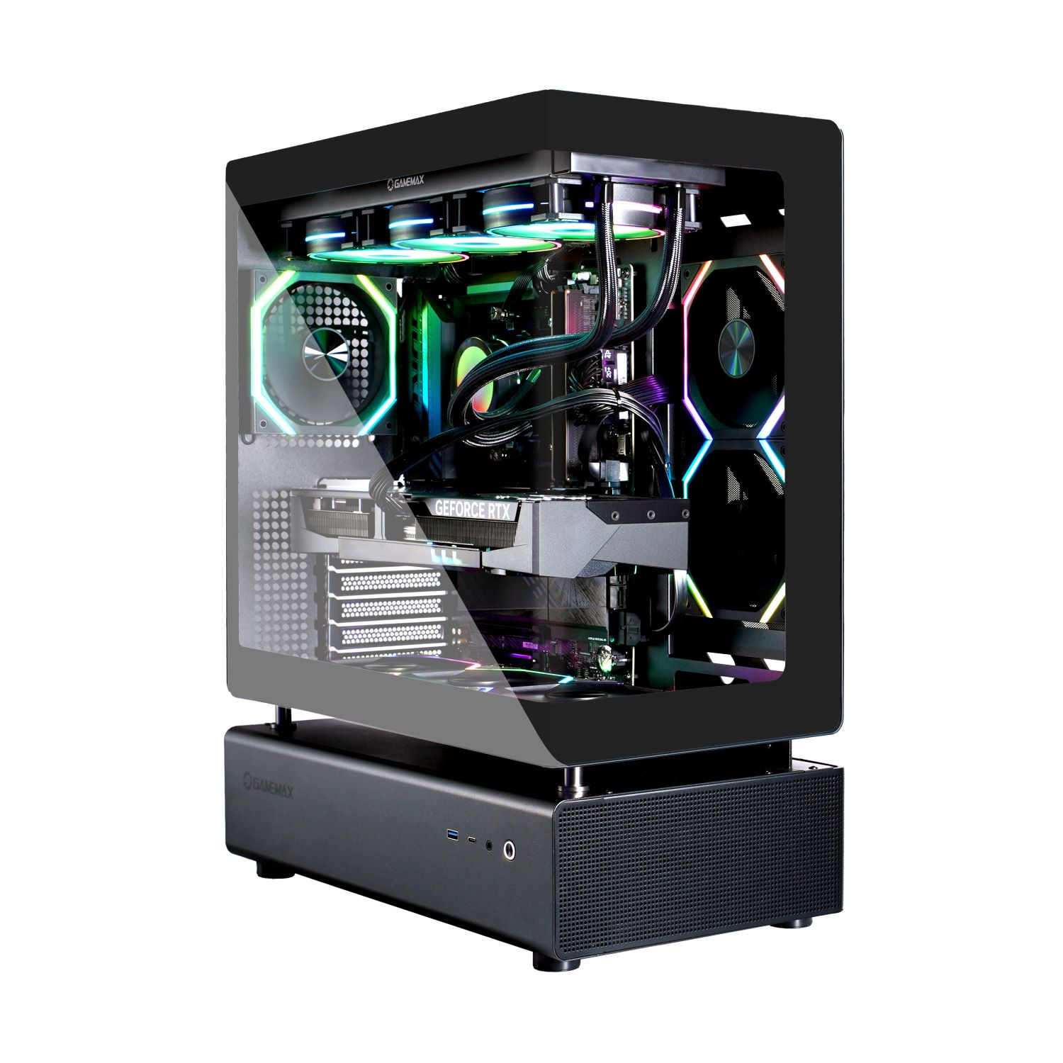 Ein Gaming-PC mit Glasplatten, der interne Komponenten mit farbenfroher Beleuchtung zeigt.