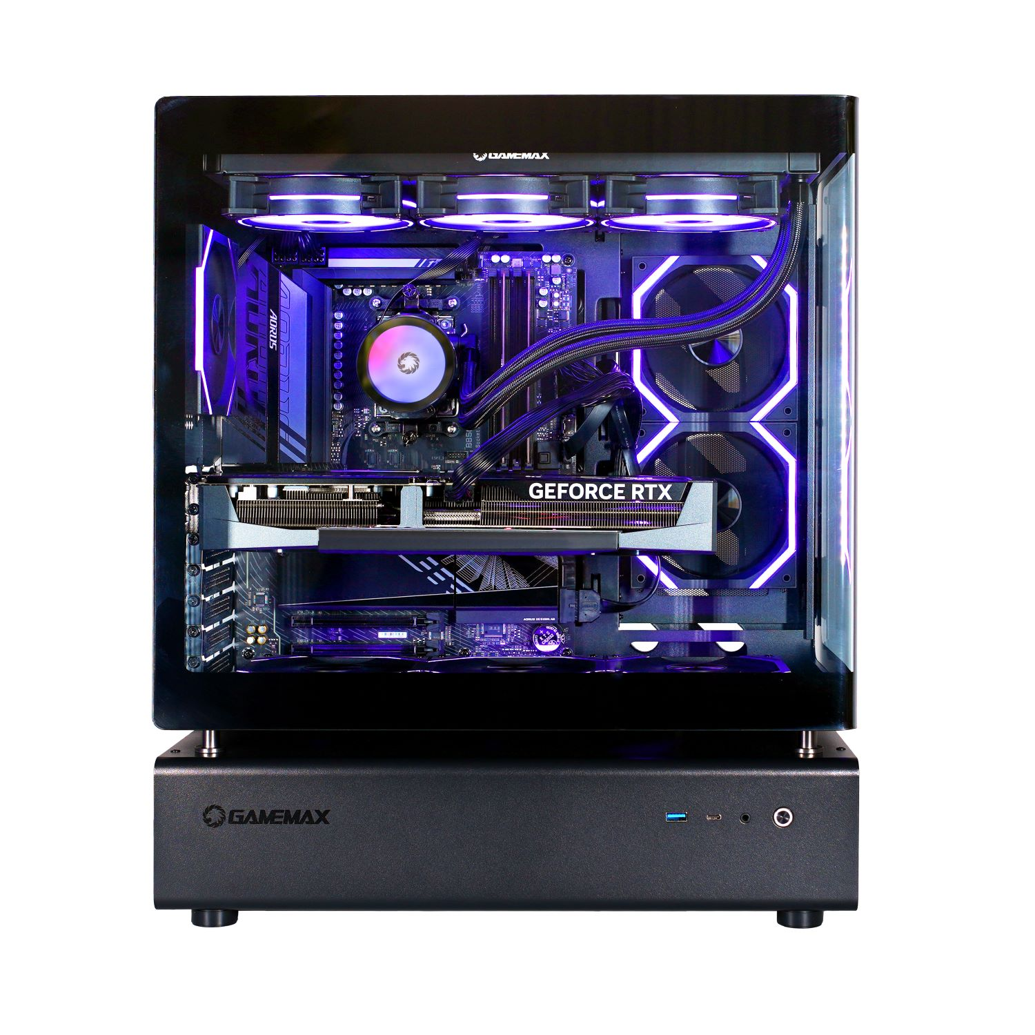 Gaming-PC-Gehäuse mit sichtbaren Komponenten. Grafikkarte, Mainboard und Lüfter beleuchtet. Schwarze Basis.