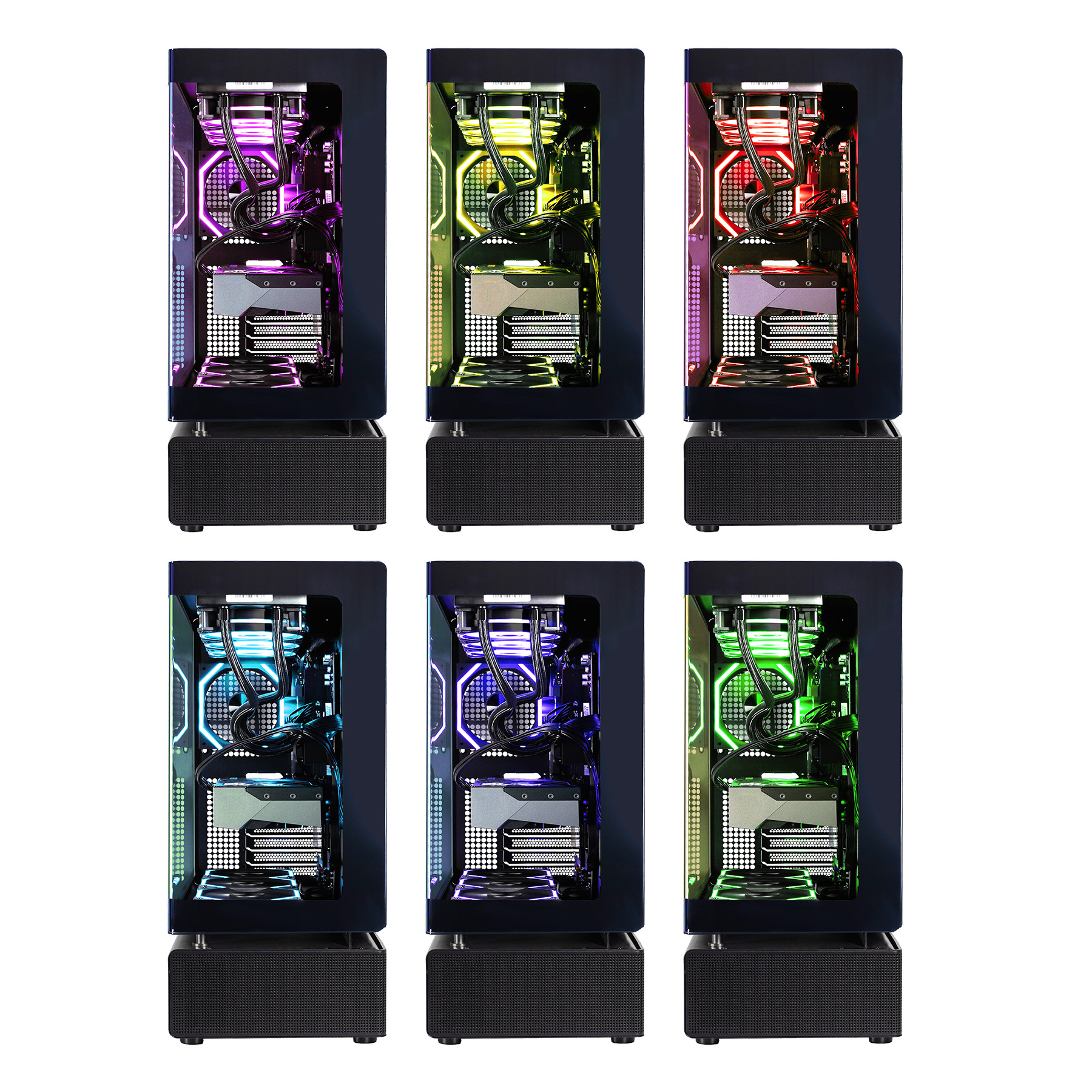 Sechs Computergehäuse mit variierter LED-Beleuchtung, schwarze Basis und transparente Paneele.