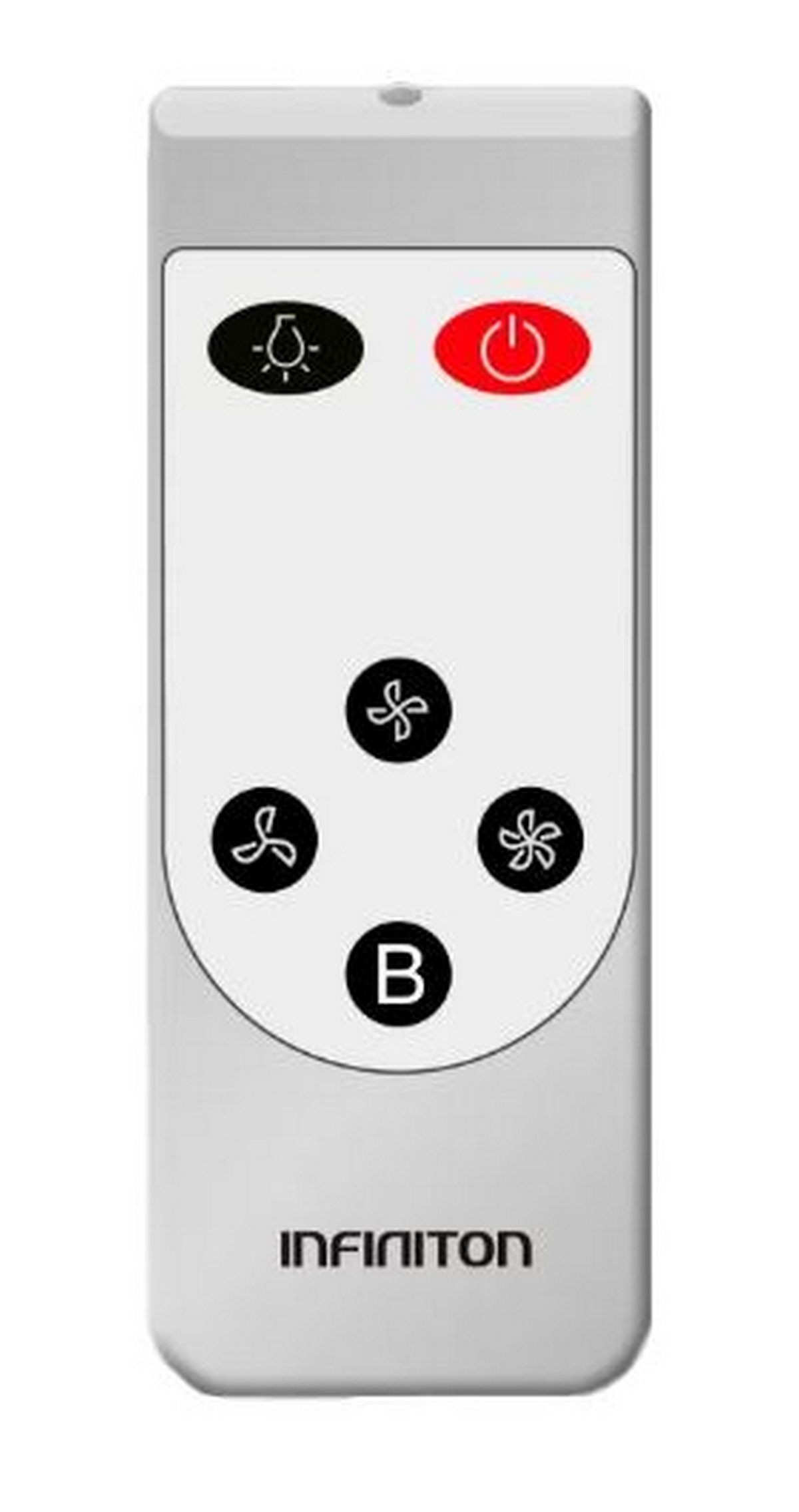 Un control remoto blanco con botones para luz, velocidad del ventilador y encendido, con la marca INFINITON.