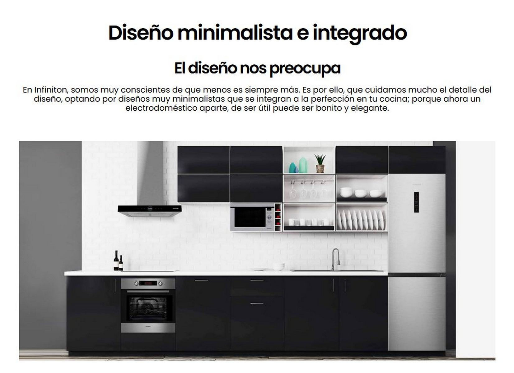 Cocina moderna con diseño minimalista, armarios negros y paredes blancas.
