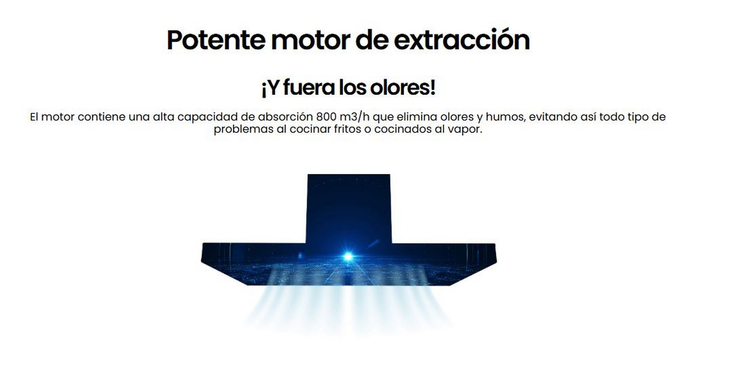 Un fondo blanco con texto e ilustración estilizada de campana extractora con luz.