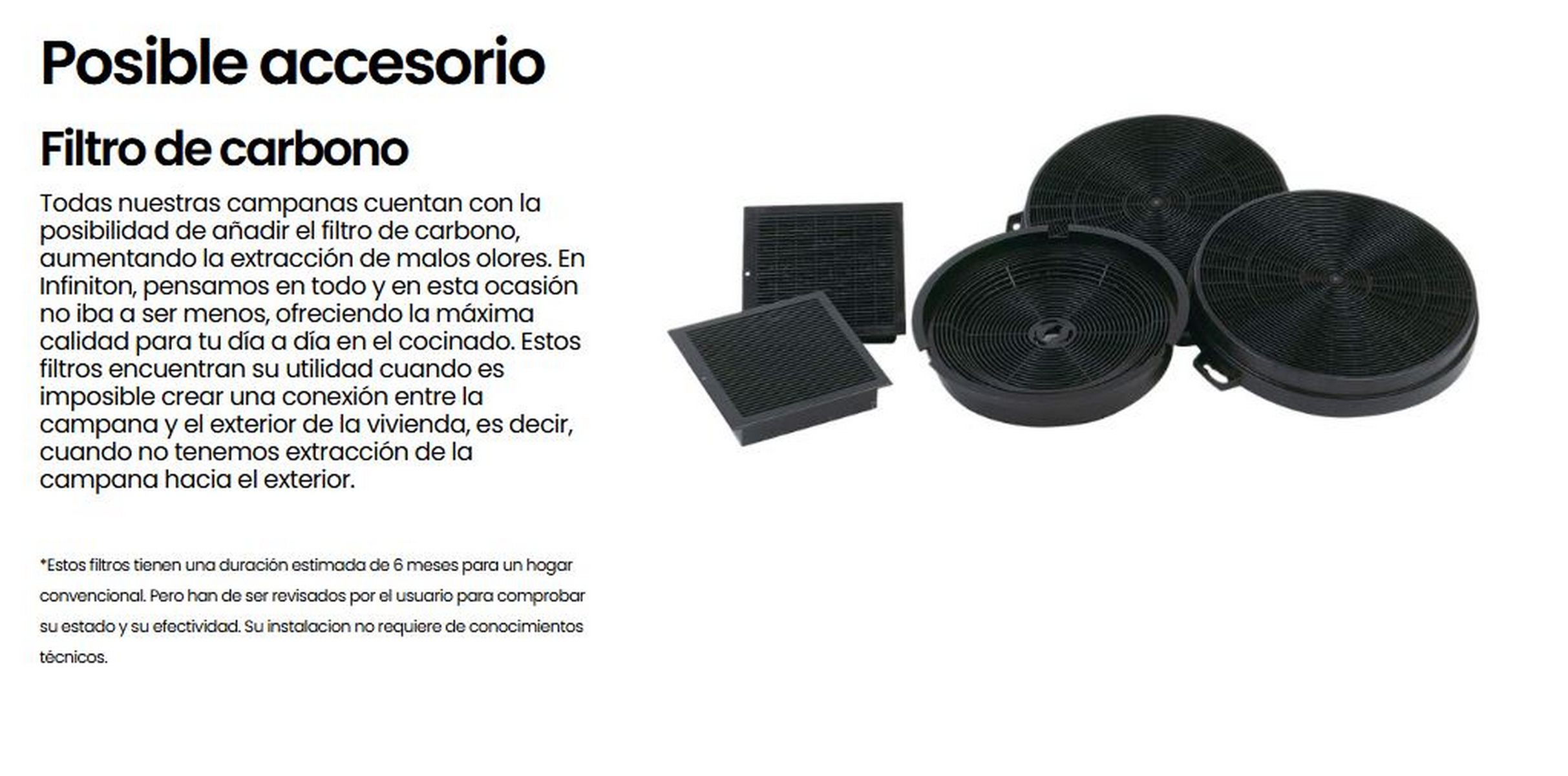 Descripción del producto de filtro de carbón con múltiples filtros negros.