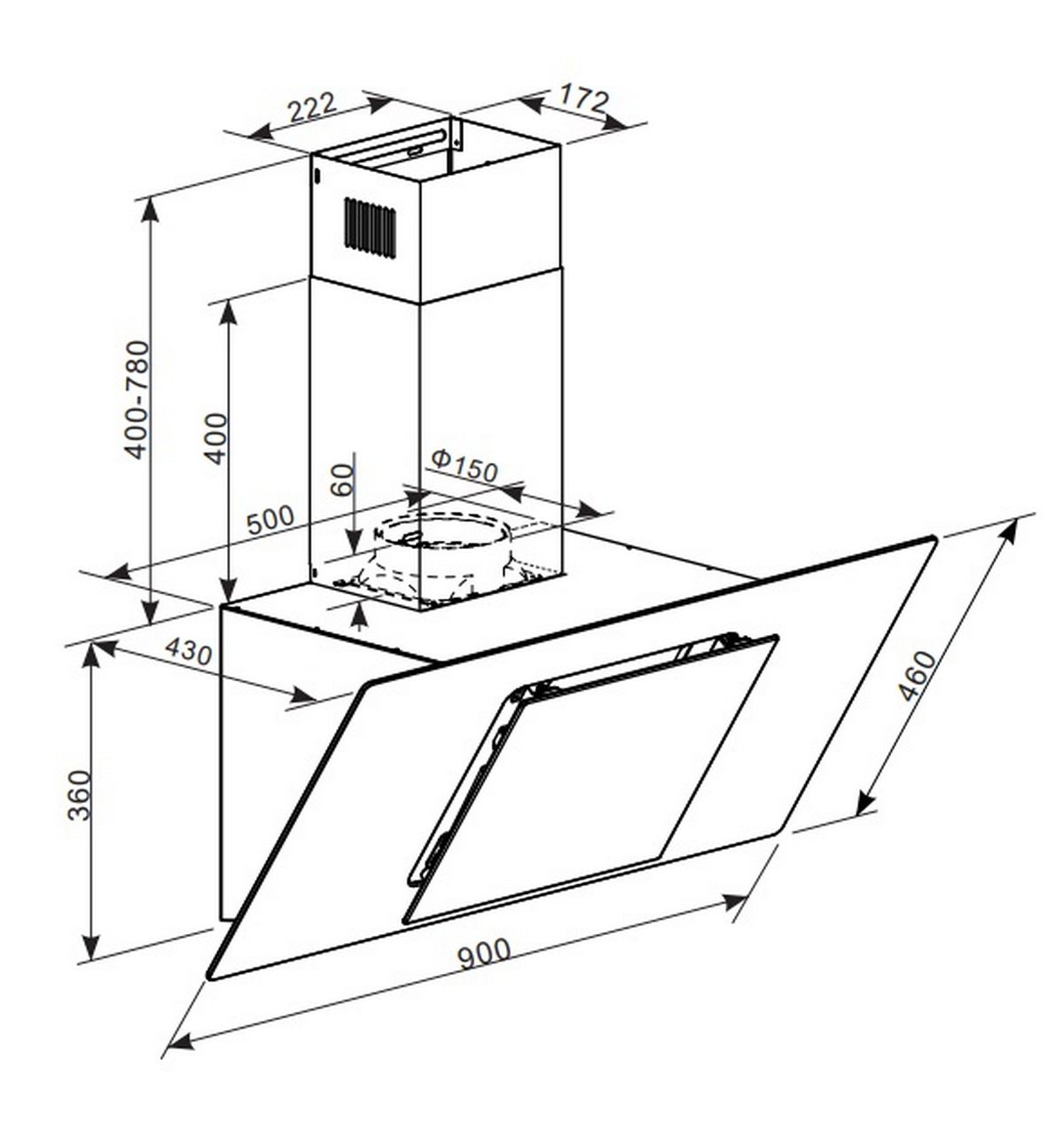 Dibujo técnico de una campana extractora con dimensiones.