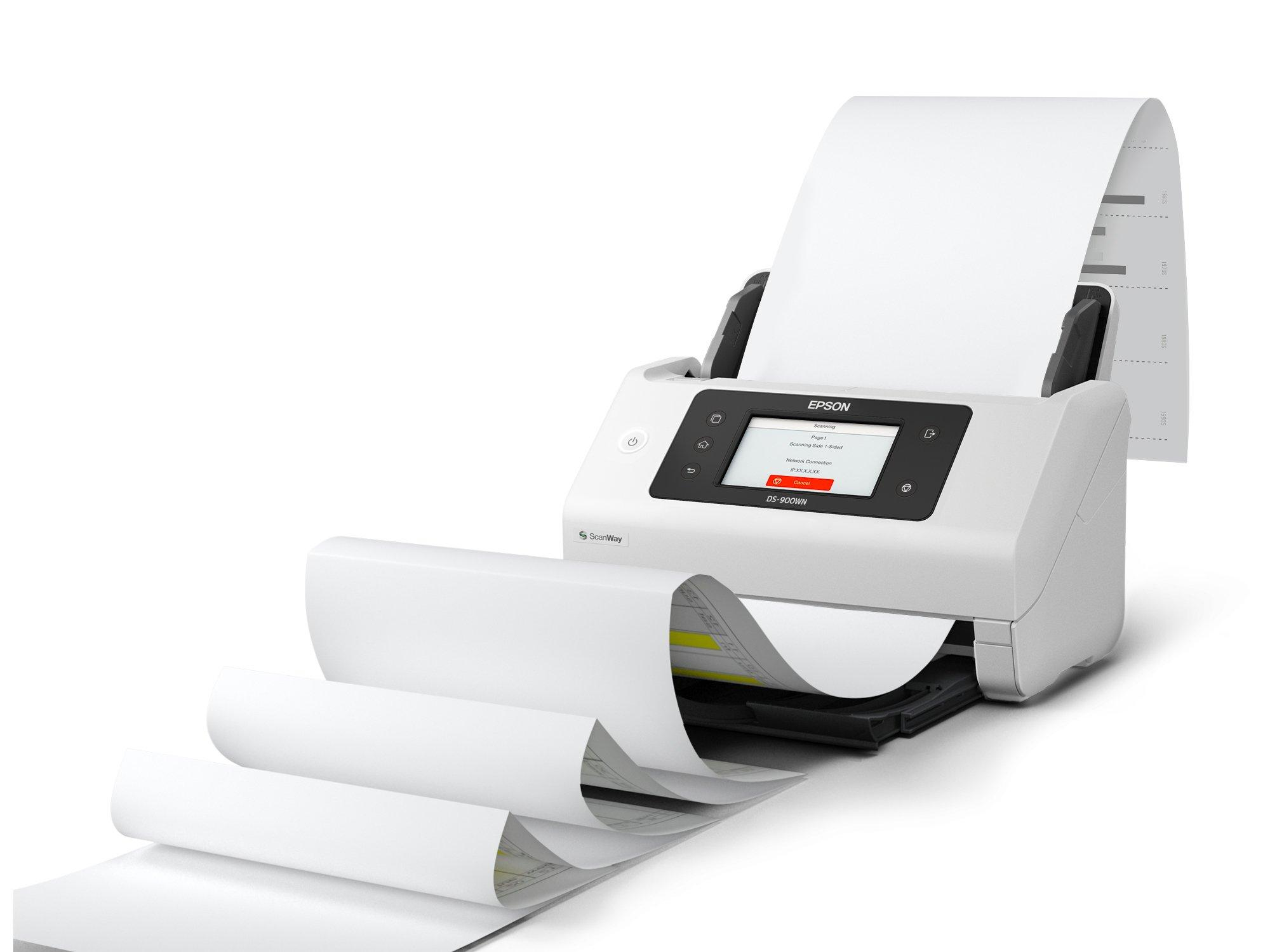 Biały skaner z dokumentem w środku. Skaner ma port USB i inne porty.