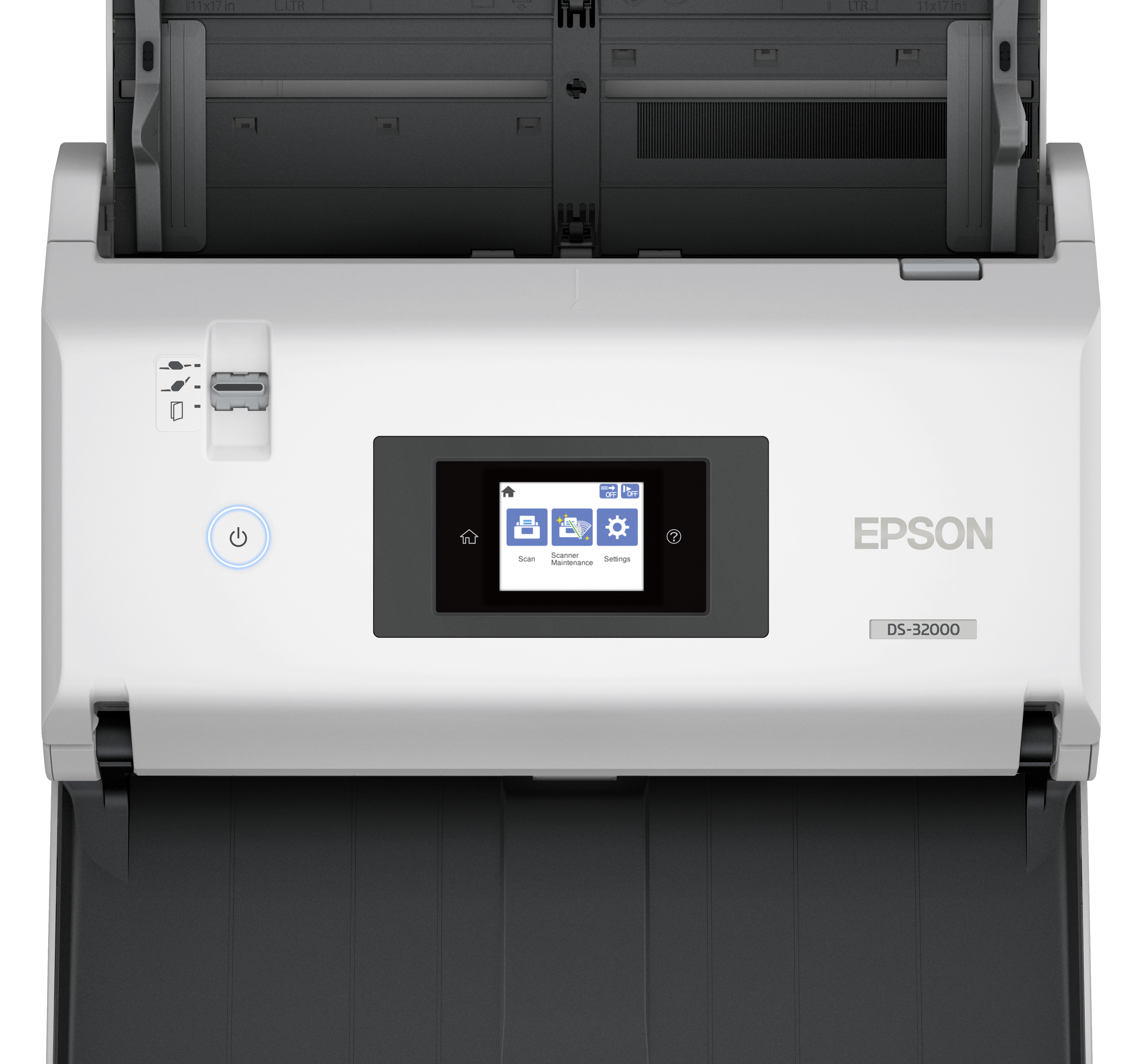 Skaner Epson DS-8000WN z widokiem z góry na skaner i panel sterowania.