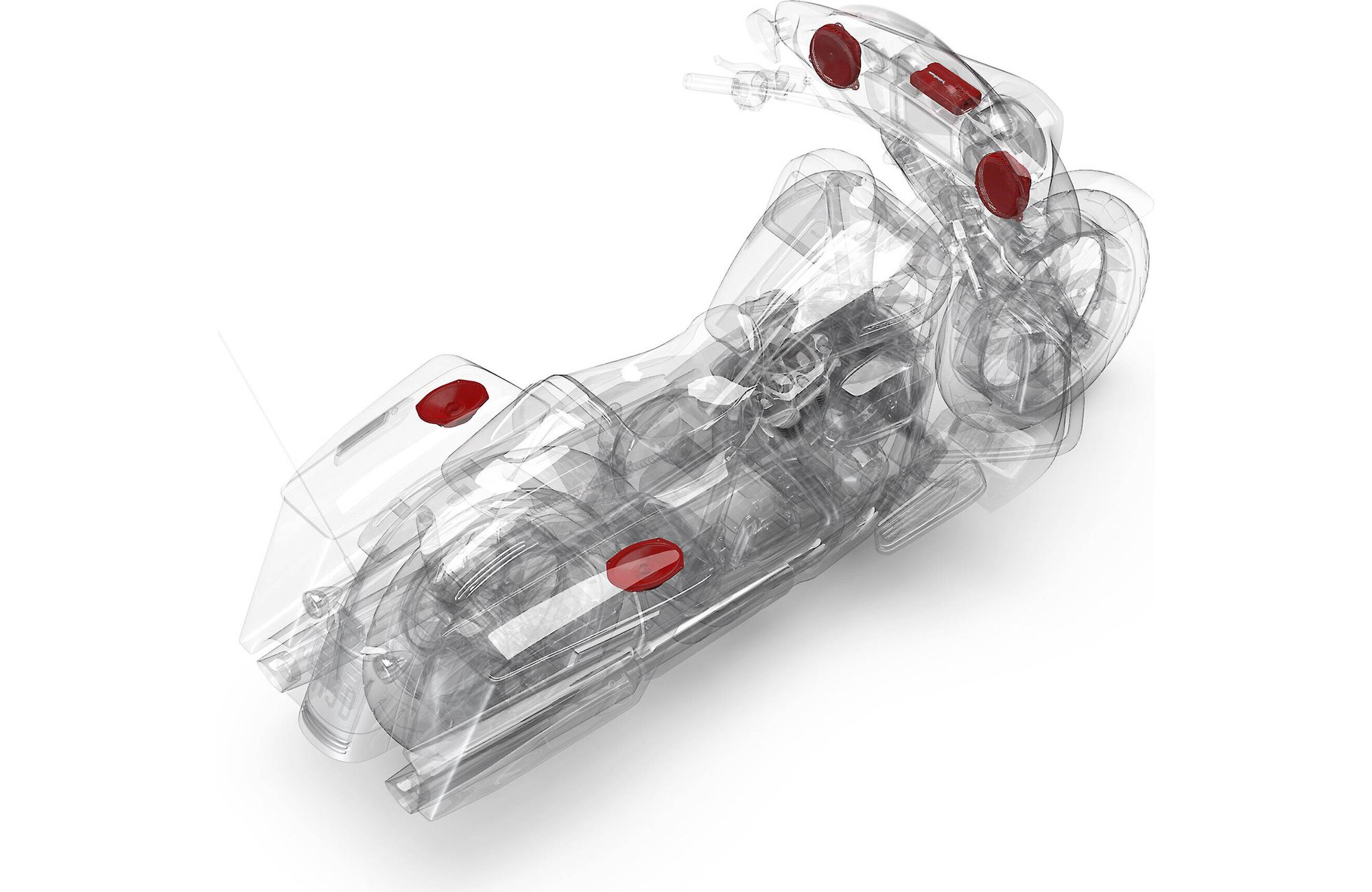 Ein transparentes Motorradmodell mit roten Akzenten. Es ist eine technische Illustration auf weißem Hintergrund.