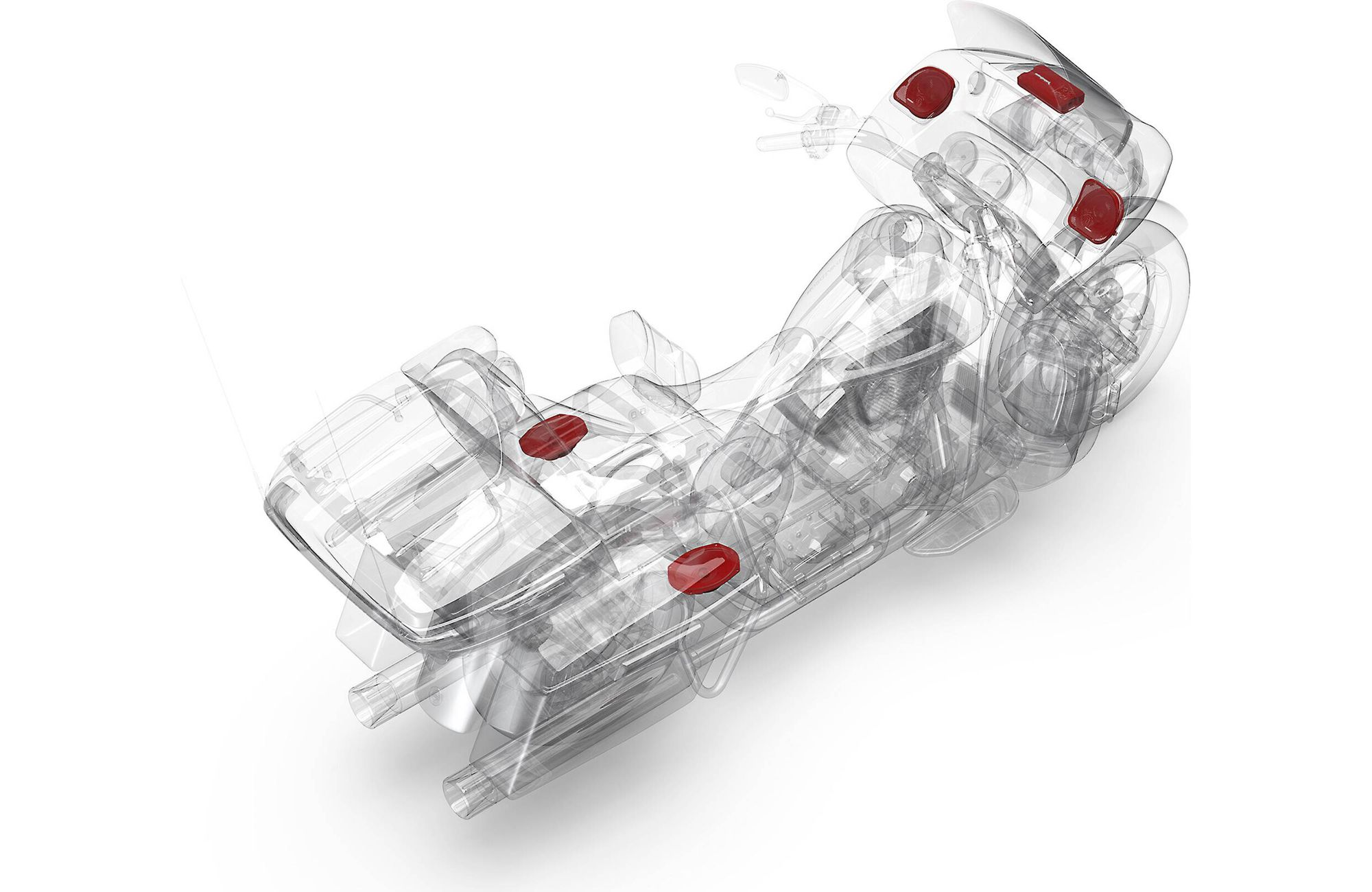 Motorrad mit rot markierten Bereichen, transparente Ansicht, weißer Hintergrund.