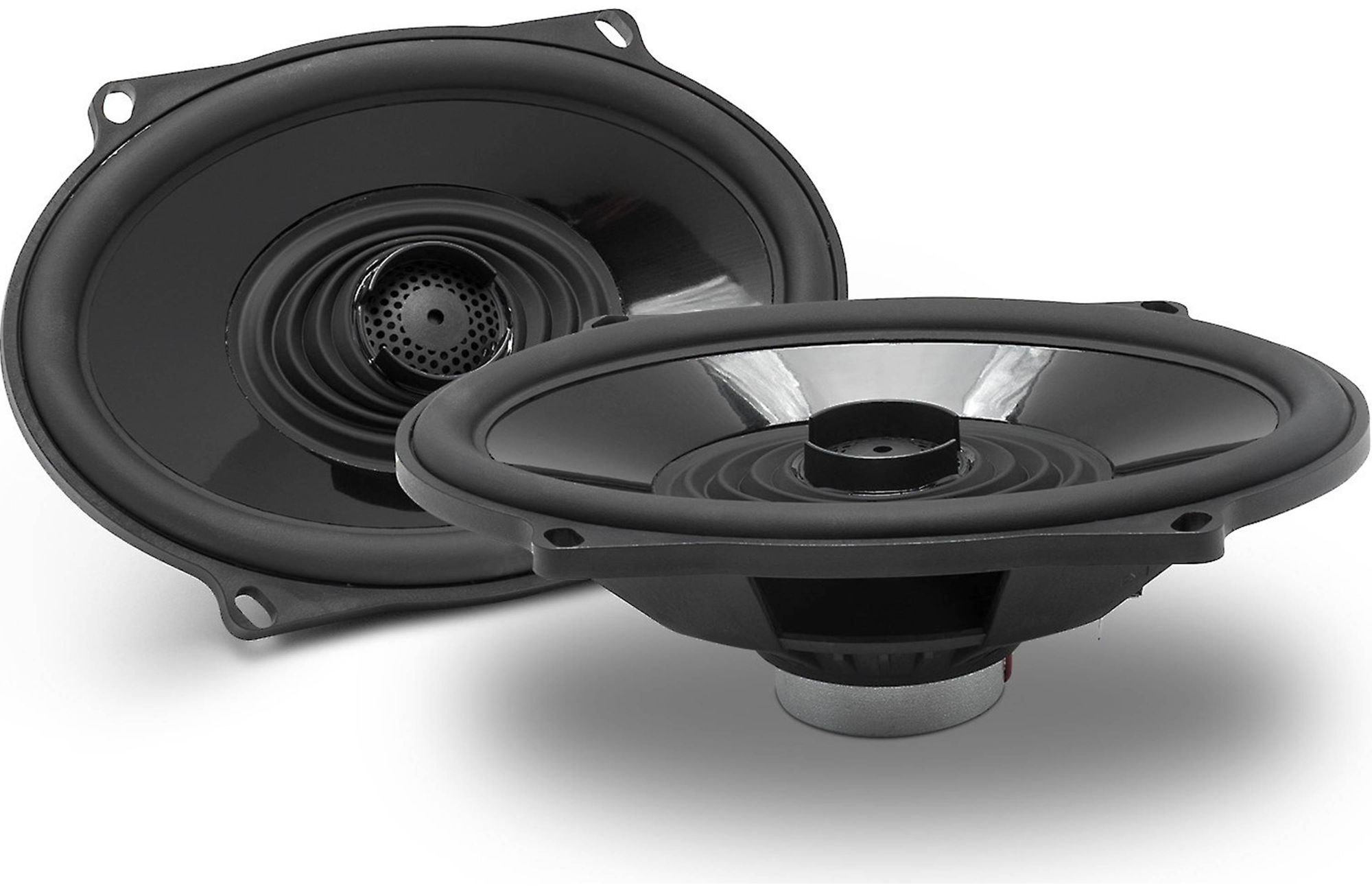 Zwei schwarze Autolautsprecher, oval, mit Mittelkegel und Befestigungslöchern.