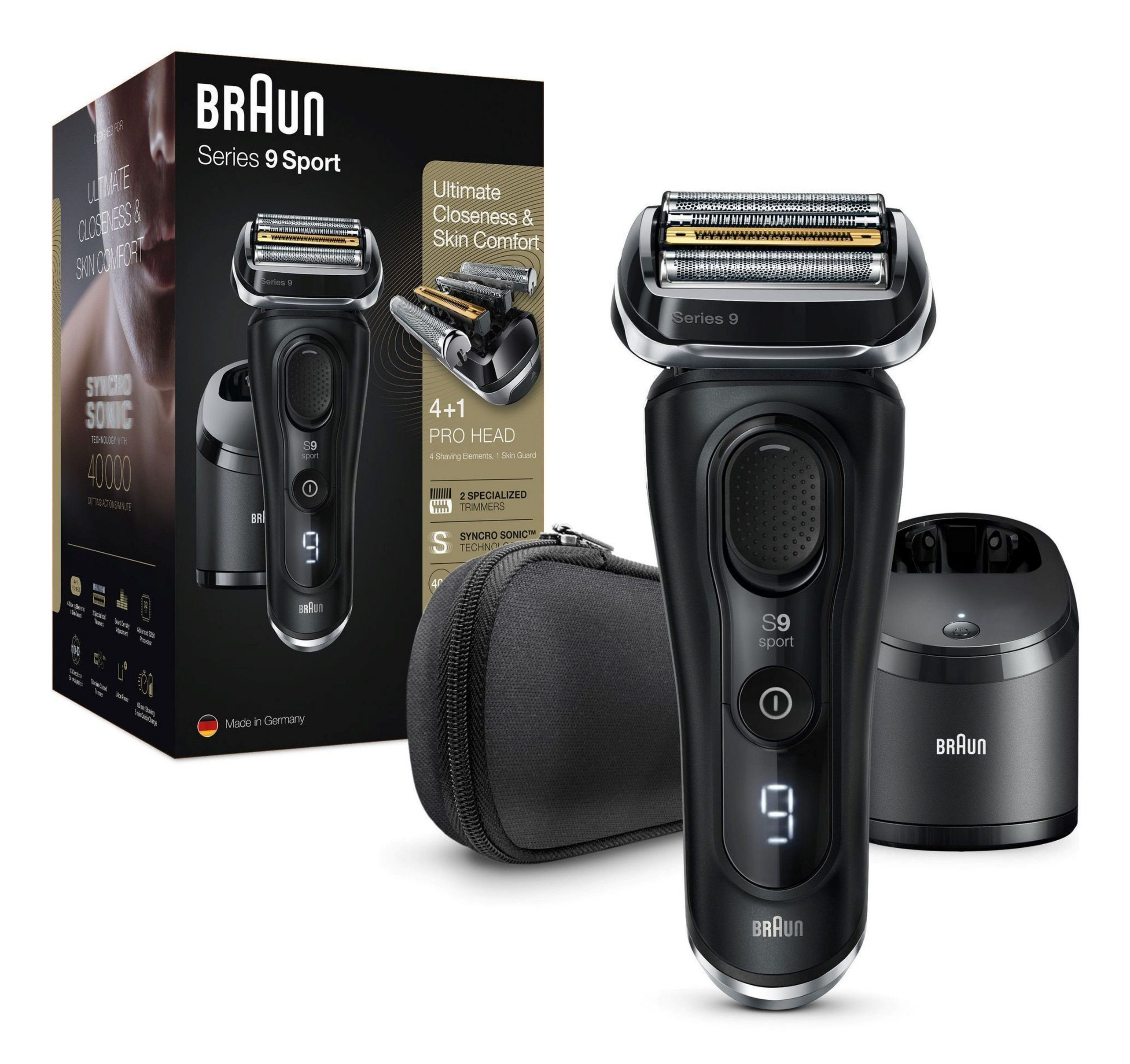 Czarna golarka elektryczna Braun Series 9 Sport z akcesoriami i pudełkiem, na białym tle.