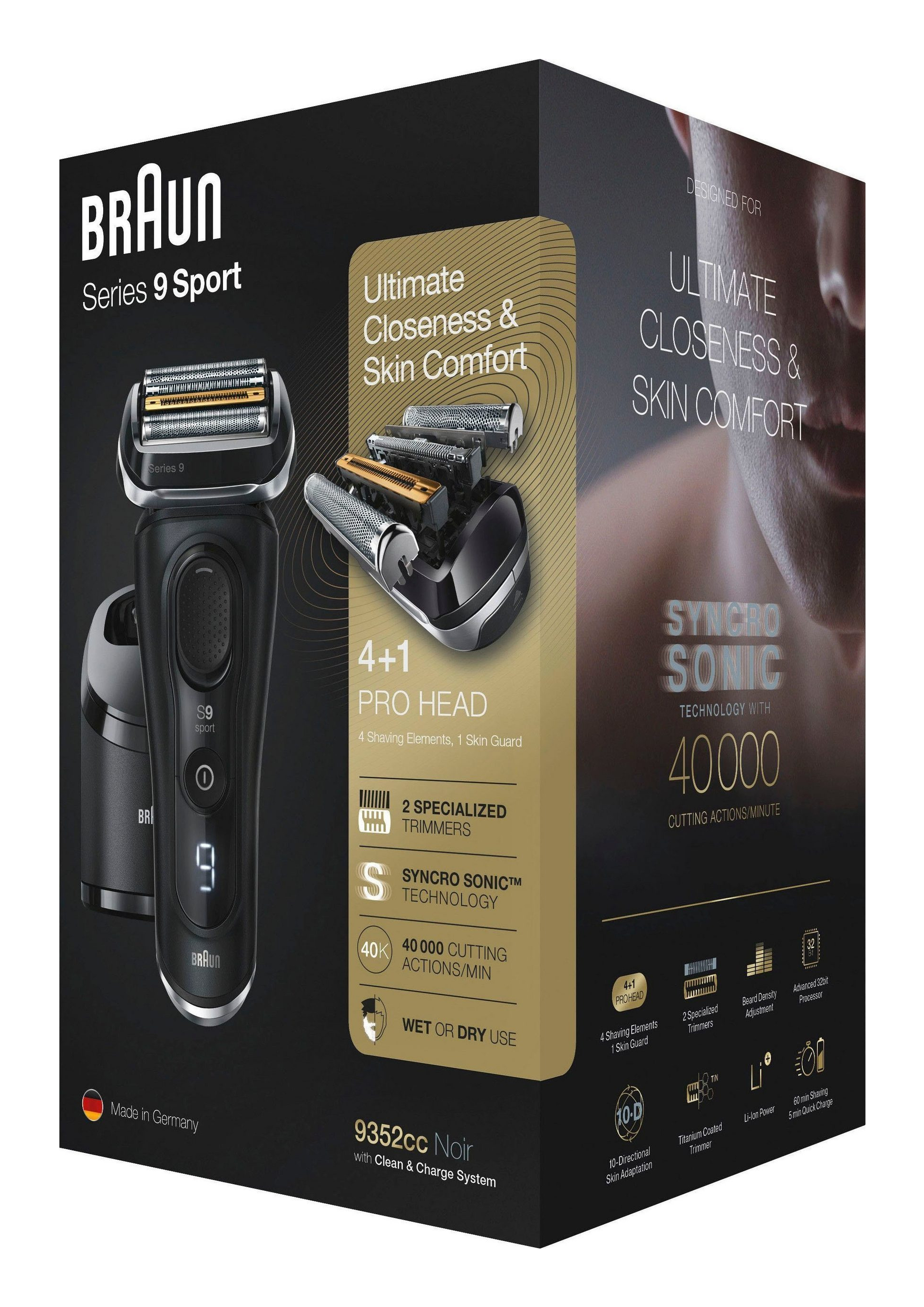 Pudełko golarki Braun Series 9 Sport. Czarna golarka i szczegóły. Białe tło.