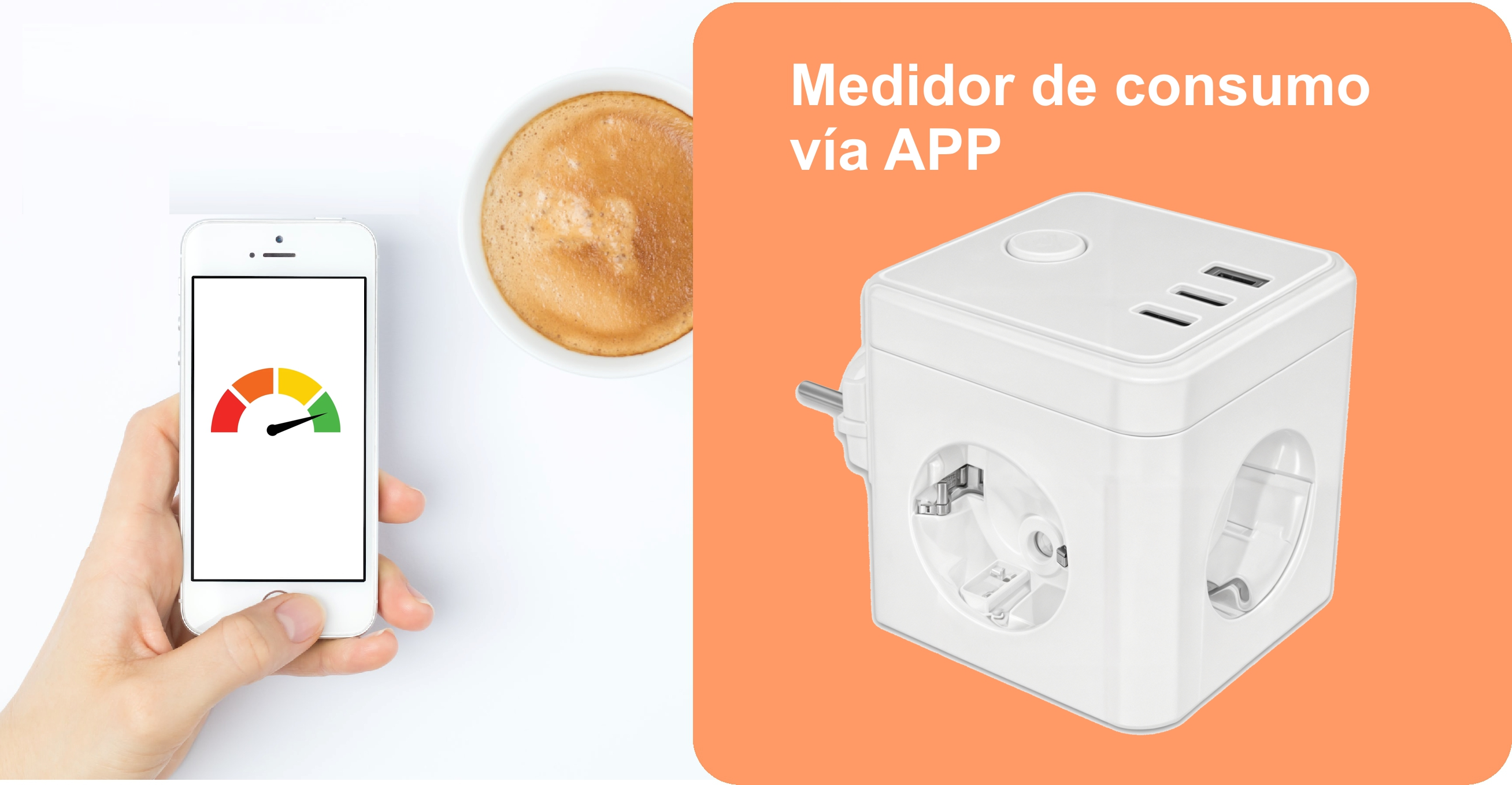 Mano sosteniendo teléfono, enchufe inteligente, texto: Medidor vía APP.