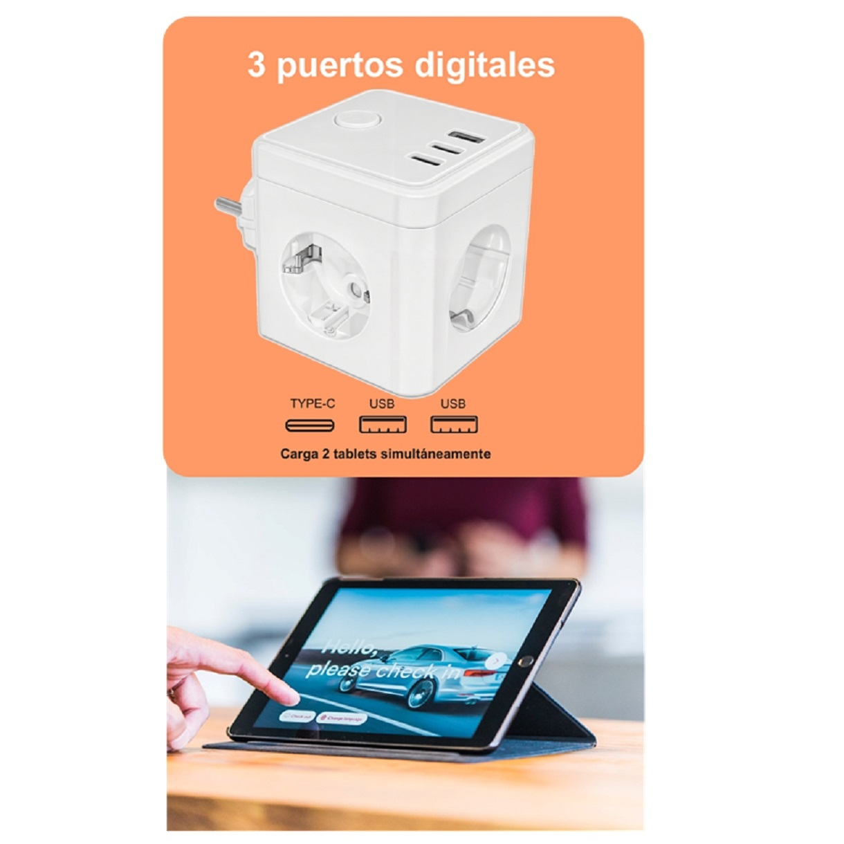 Adaptador de corriente blanco con puertos USB y enchufes, con tableta y mano en el fondo.