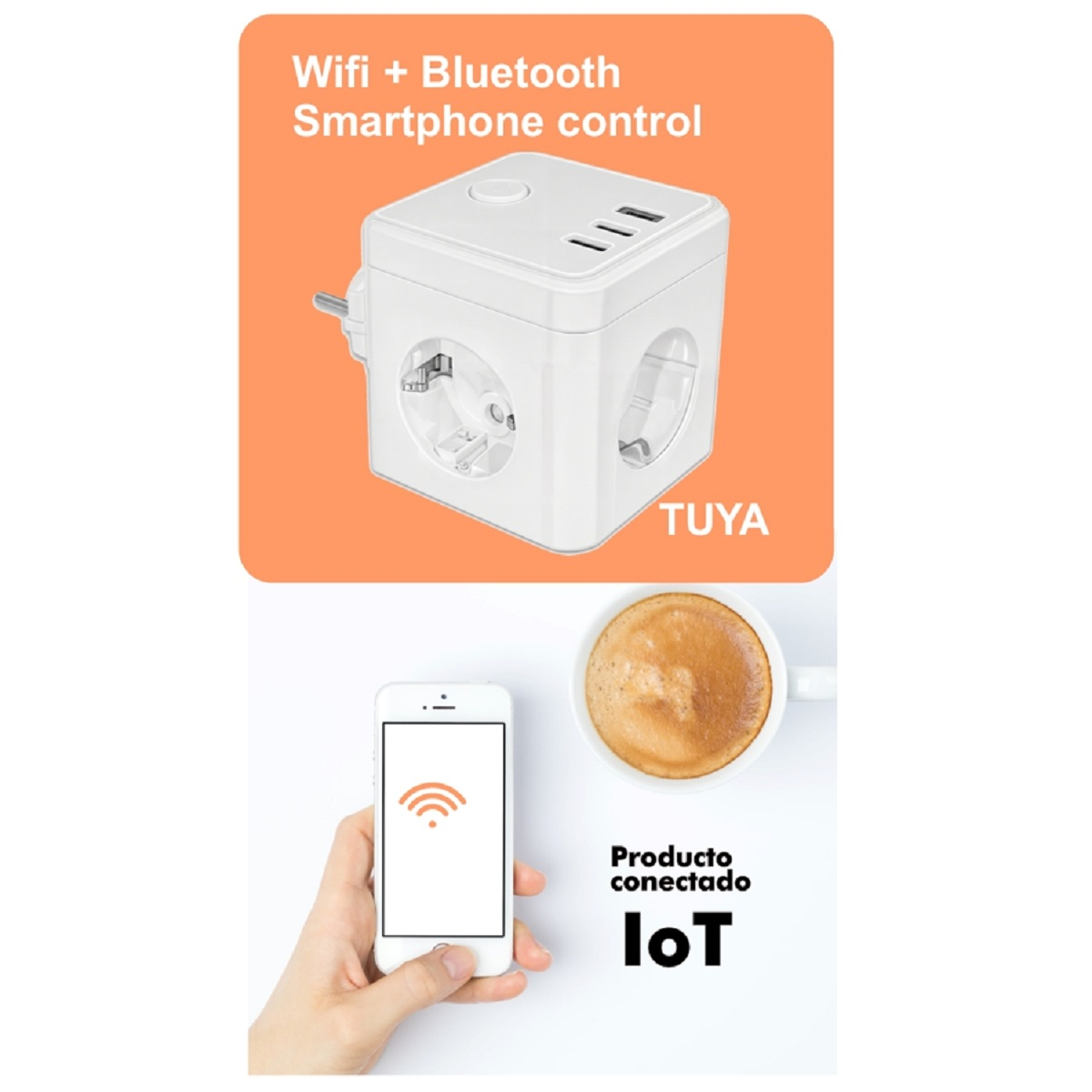 Enchufe inteligente blanco con enchufes y puertos USB. Un teléfono muestra un símbolo WiFi, taza de café cerca.