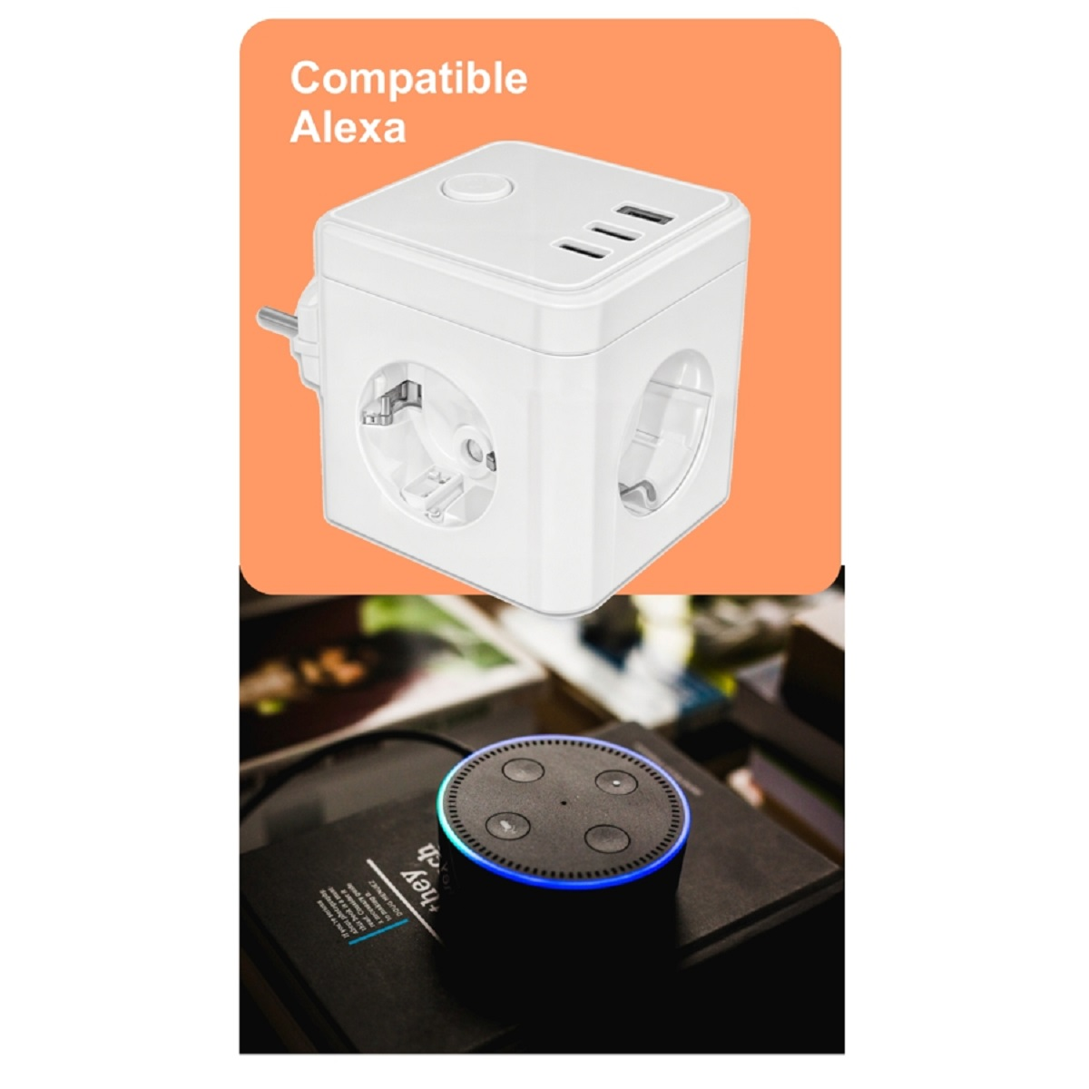Un enchufe inteligente compatible con Alexa y un Amazon Echo Dot. El fondo es naranja y negro.