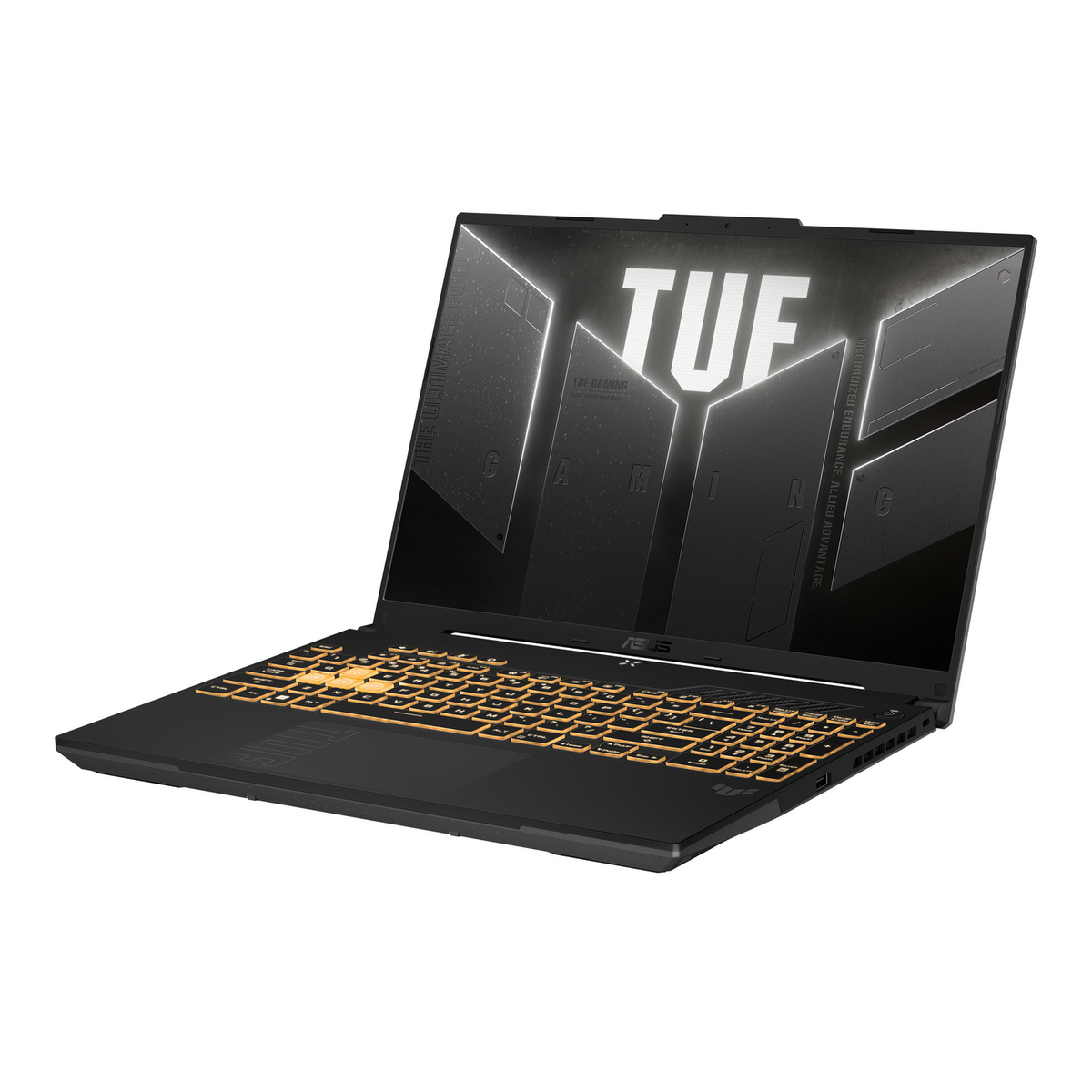 Portátil negro con teclado retroiluminado amarillo, abierto sobre superficie blanca.