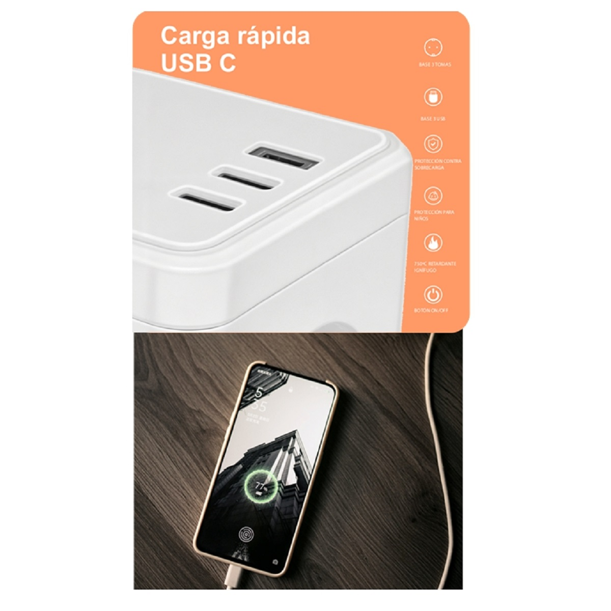 Un adaptador de carga blanco con tres puertos USB. Un teléfono se está cargando con un icono de batería verde.