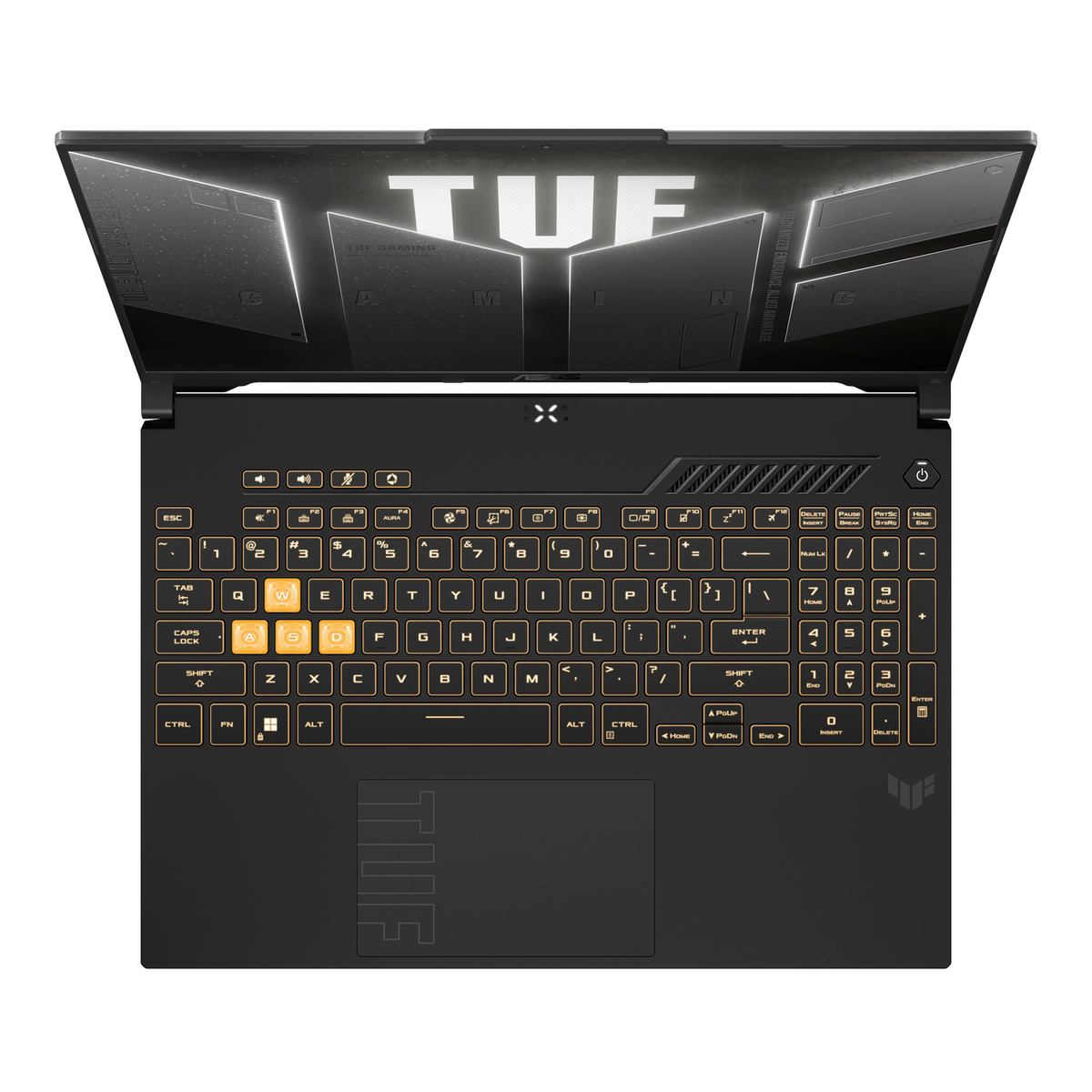 Portátil negro con teclas iluminadas en naranja, una pantalla grande y la palabra TUF en la parte inferior.