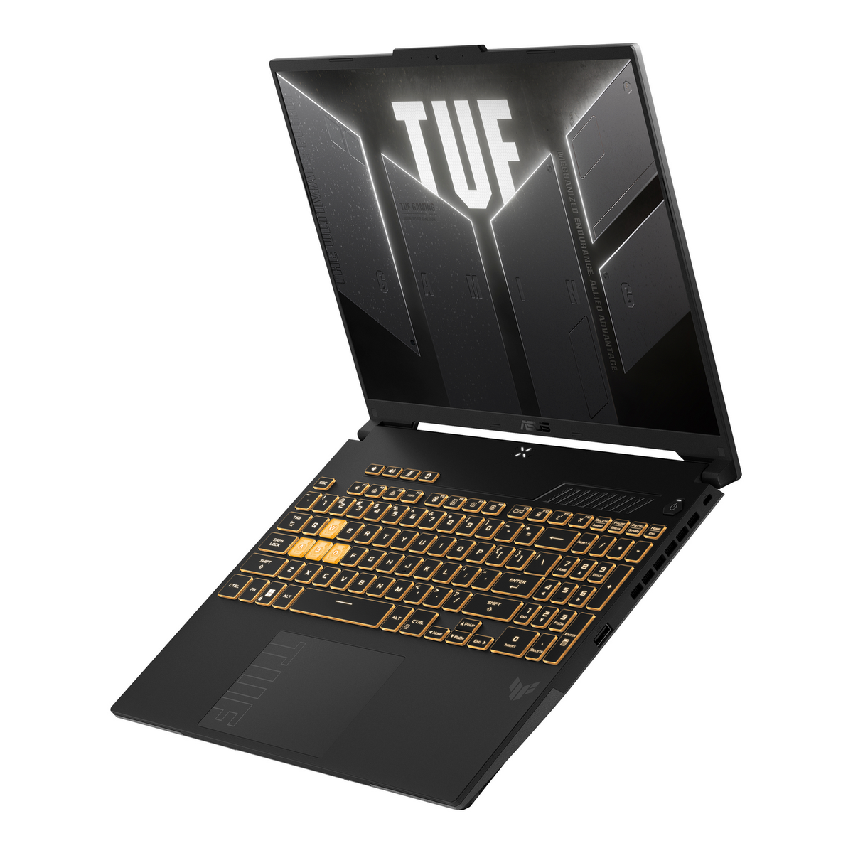 Laptop abierto con teclado iluminado. La pantalla muestra una interfaz de juego.