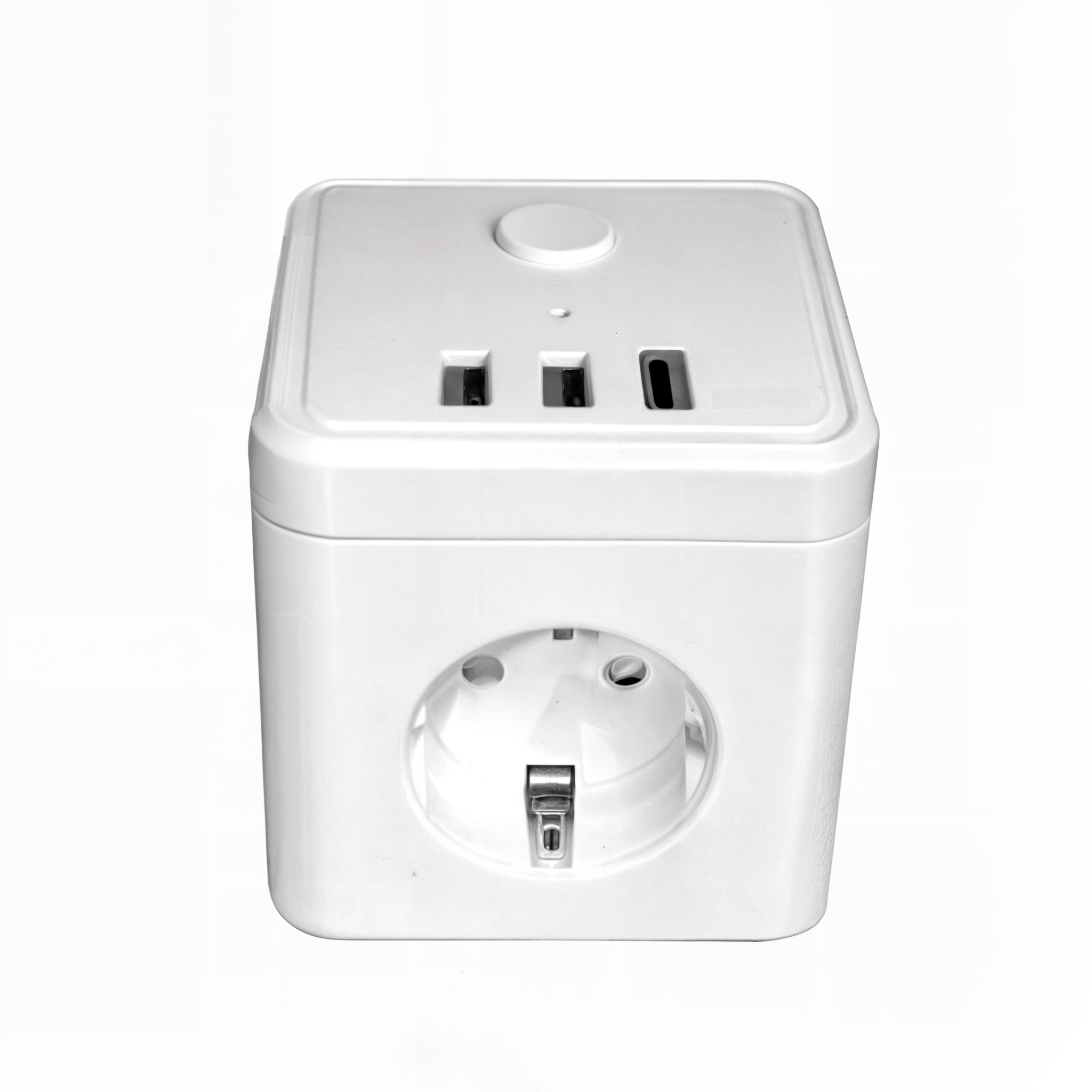 Adaptador blanco en forma de cubo con múltiples puertos USB y un enchufe eléctrico.