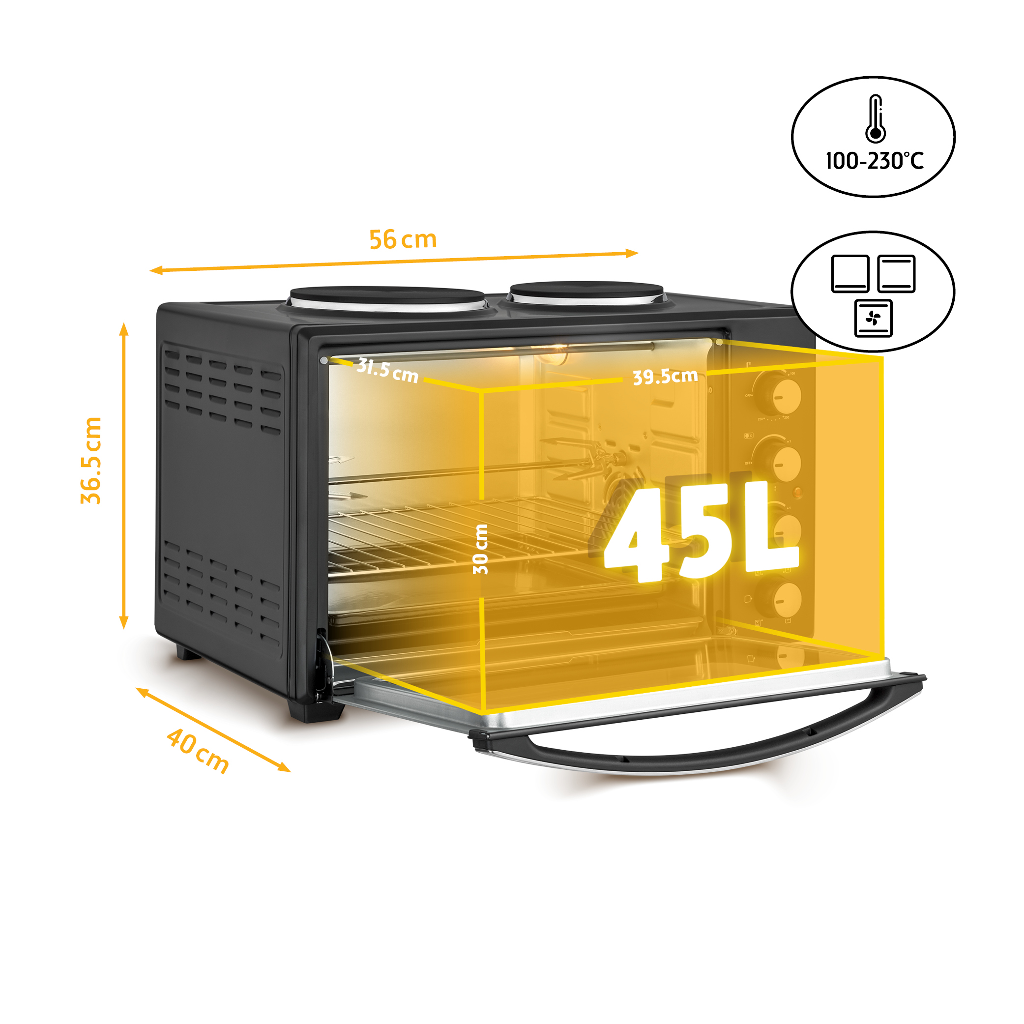 Schwarzer Elektrobackofen mit Maßen und Temperaturbereich. Der Hintergrund ist weiß.