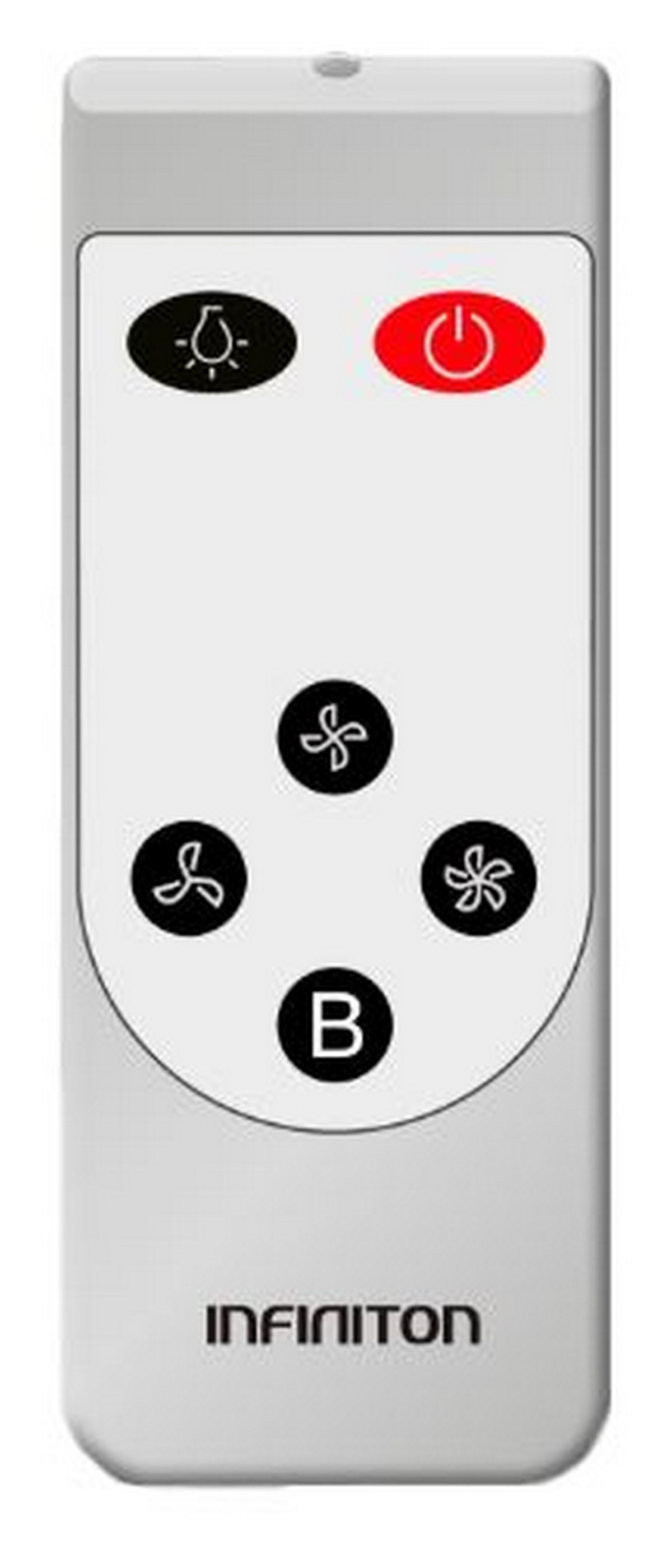 Un mando a distancia blanco con botones. La marca es INFINITON. El fondo es blanco.