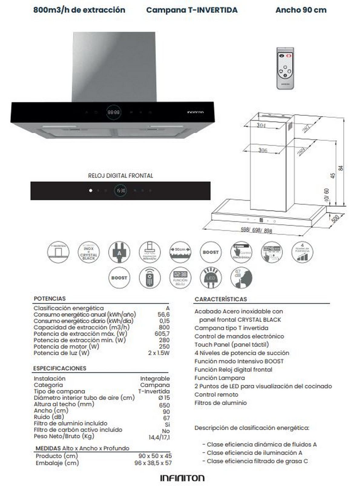 Una campana de cocina blanca y negra con texto y diagramas. Muestra especificaciones y dimensiones.