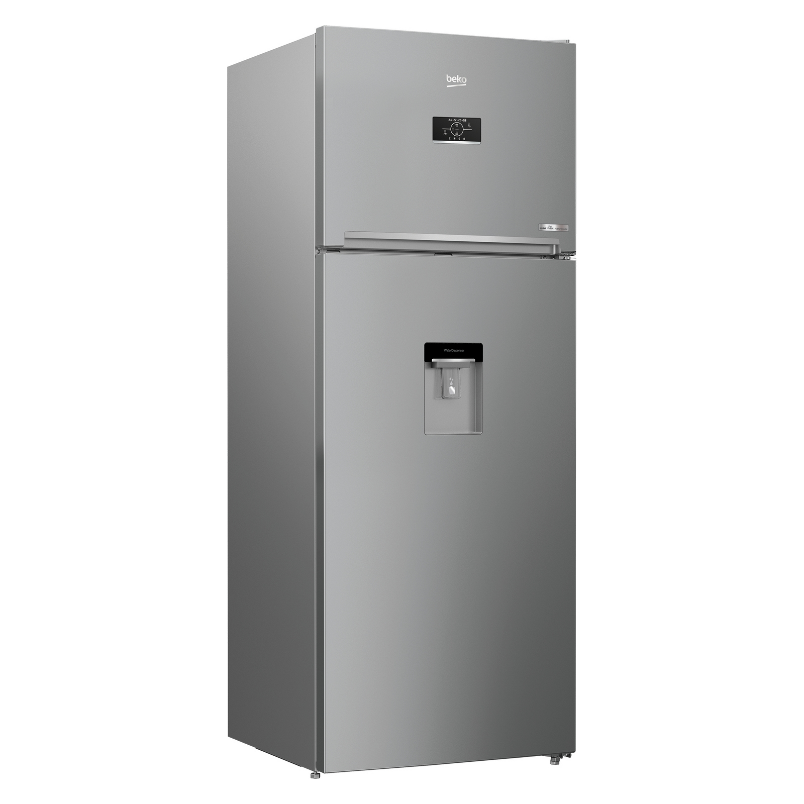 Frigorifero Beko grigio con congelatore superiore e dispenser d'acqua. È chiuso.