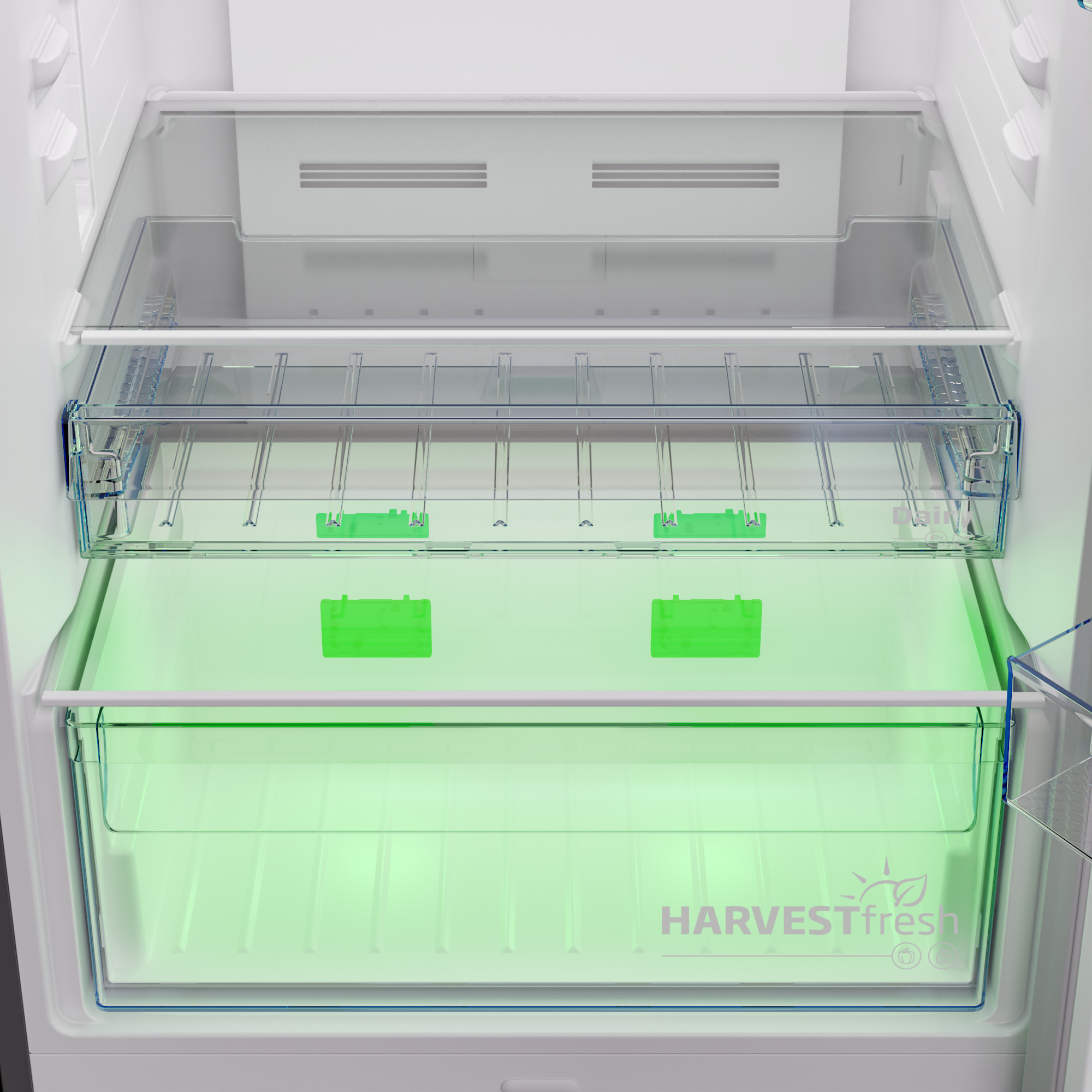 All'interno di un frigorifero. Ci sono due ripiani e un cassetto con una luce verde.