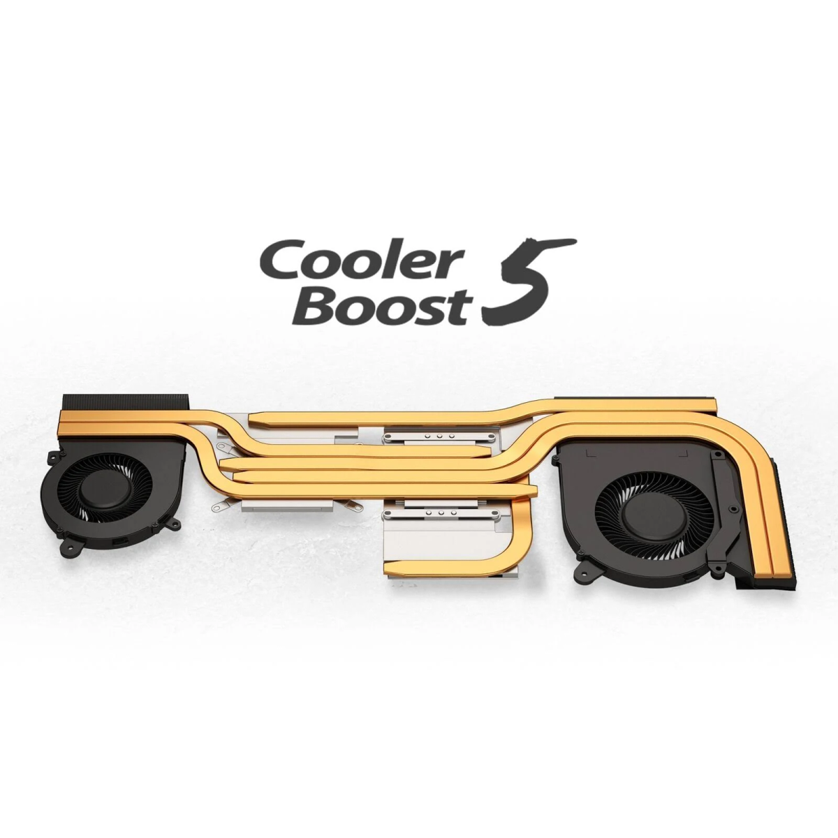 Tekst Cooler Boost 5 nad chłodnicą. Dwa wentylatory i złote rury.
