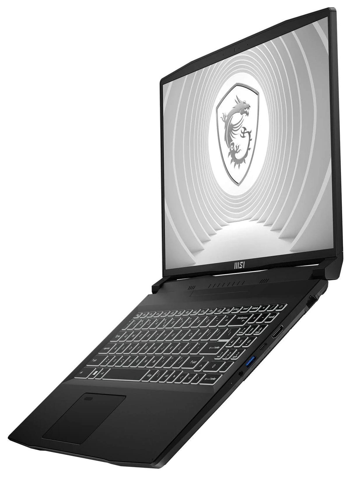 Czarny laptop MSI otwarty. Ekran wyświetla białe logo na białym tle. Klawiatura z białym podświetleniem.