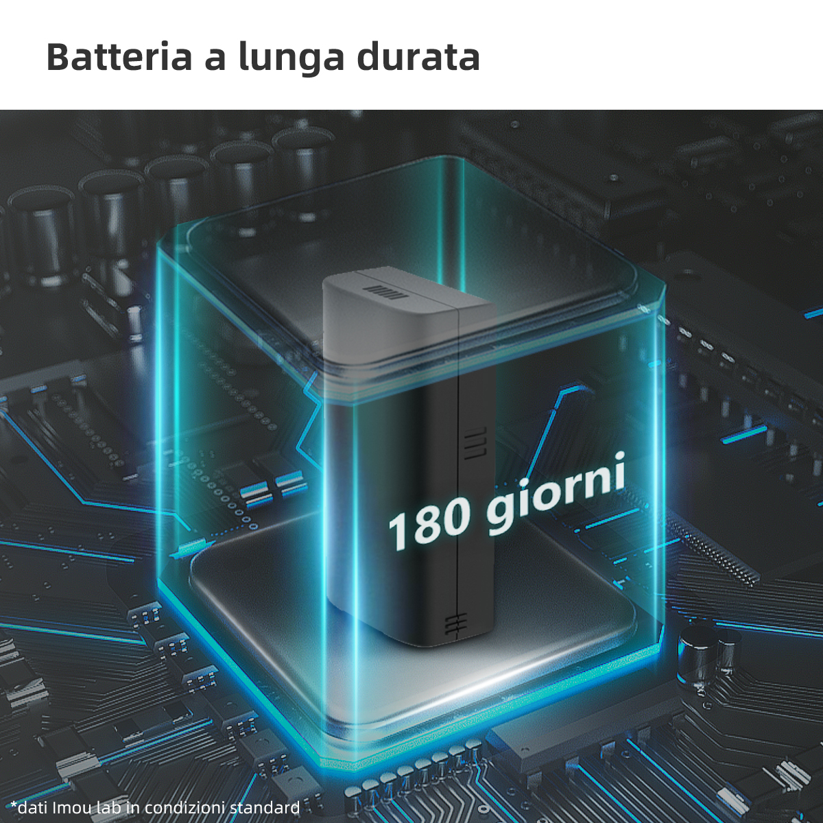 Una batería en una caja transparente que muestra 180 días de uso, con texto.