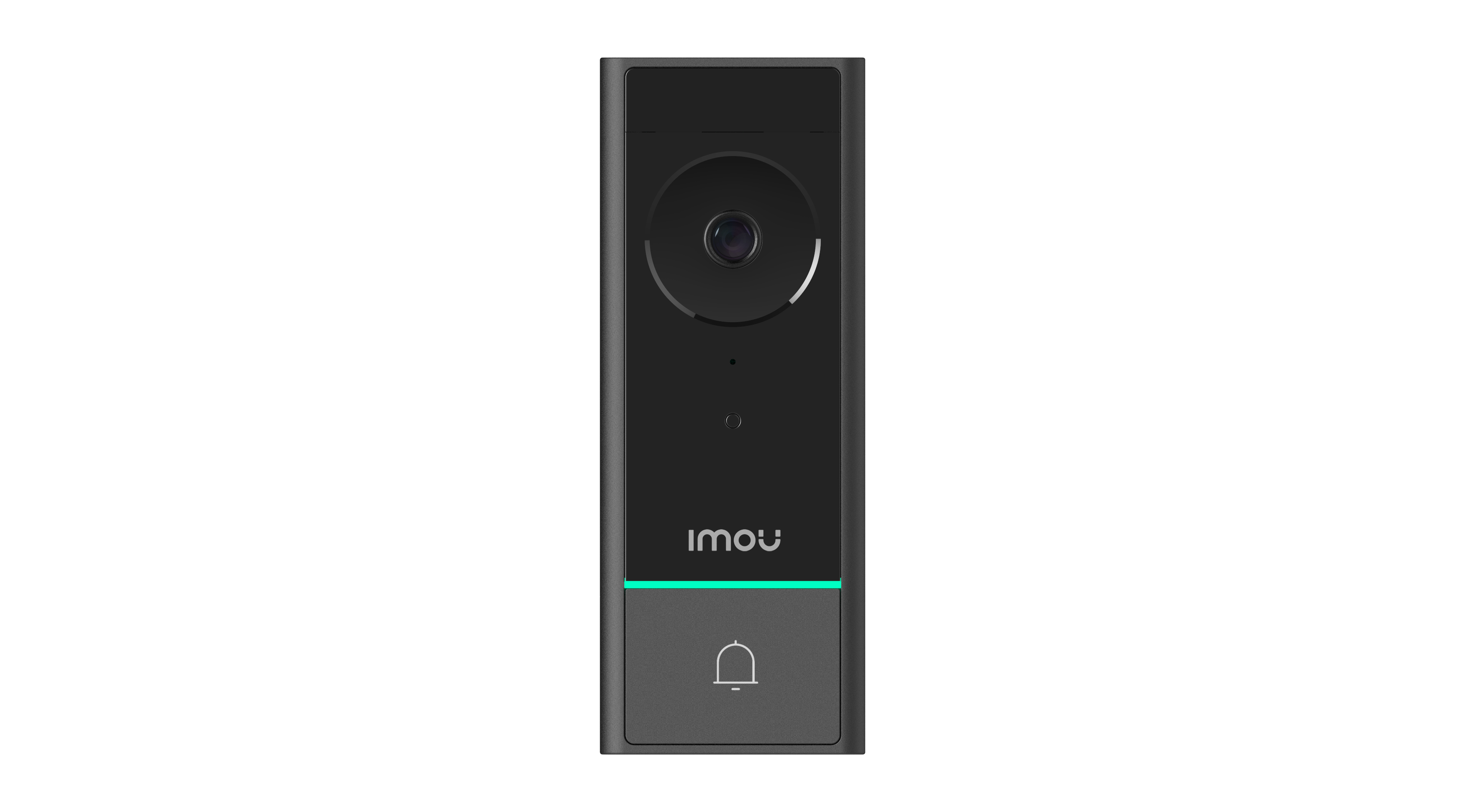 Timbre inteligente negro con cámara, altavoz y botón de timbre.