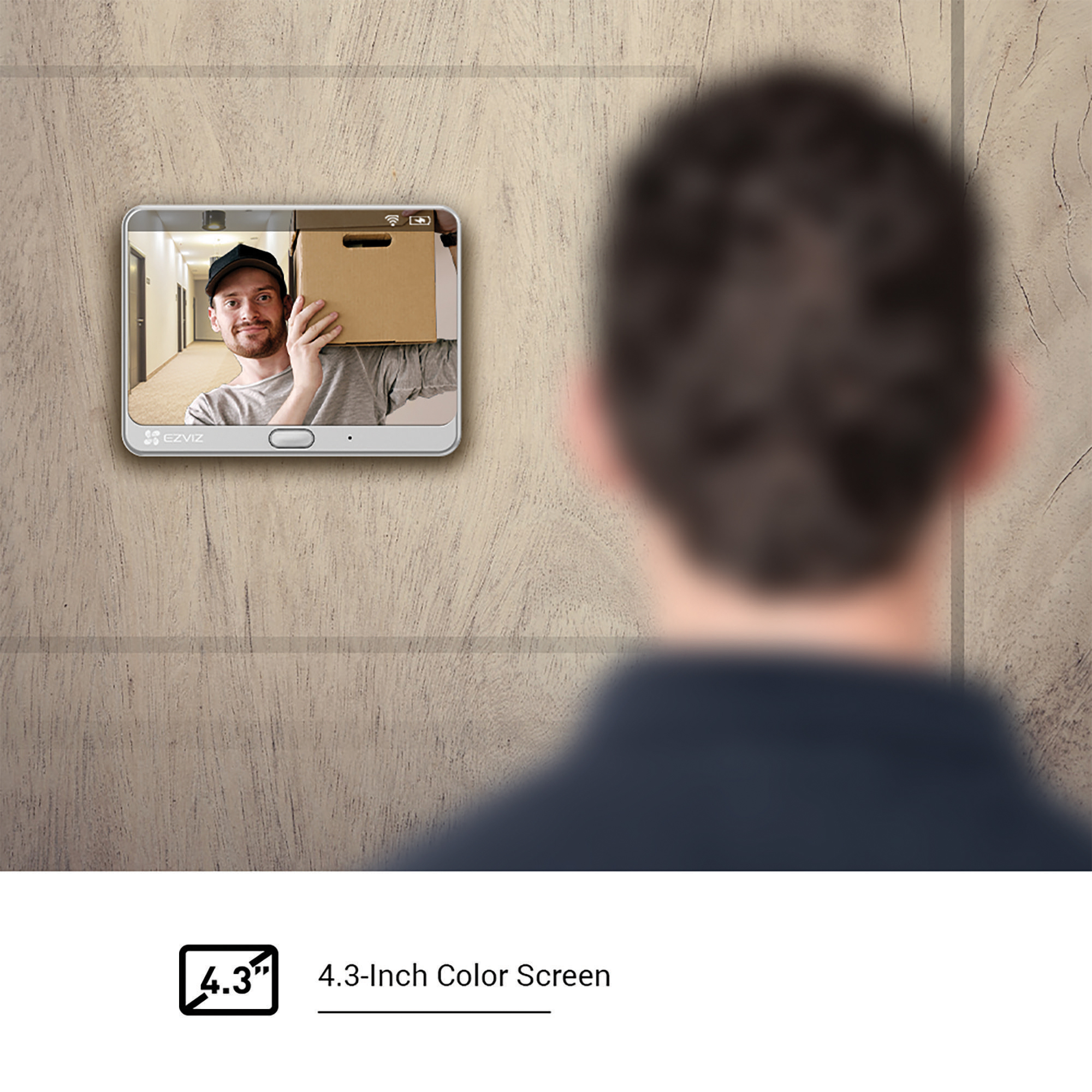 Pantalla del timbre de video con persona sosteniendo una caja. Montado en la pared. Pantalla a color de 4,3 pulgadas.