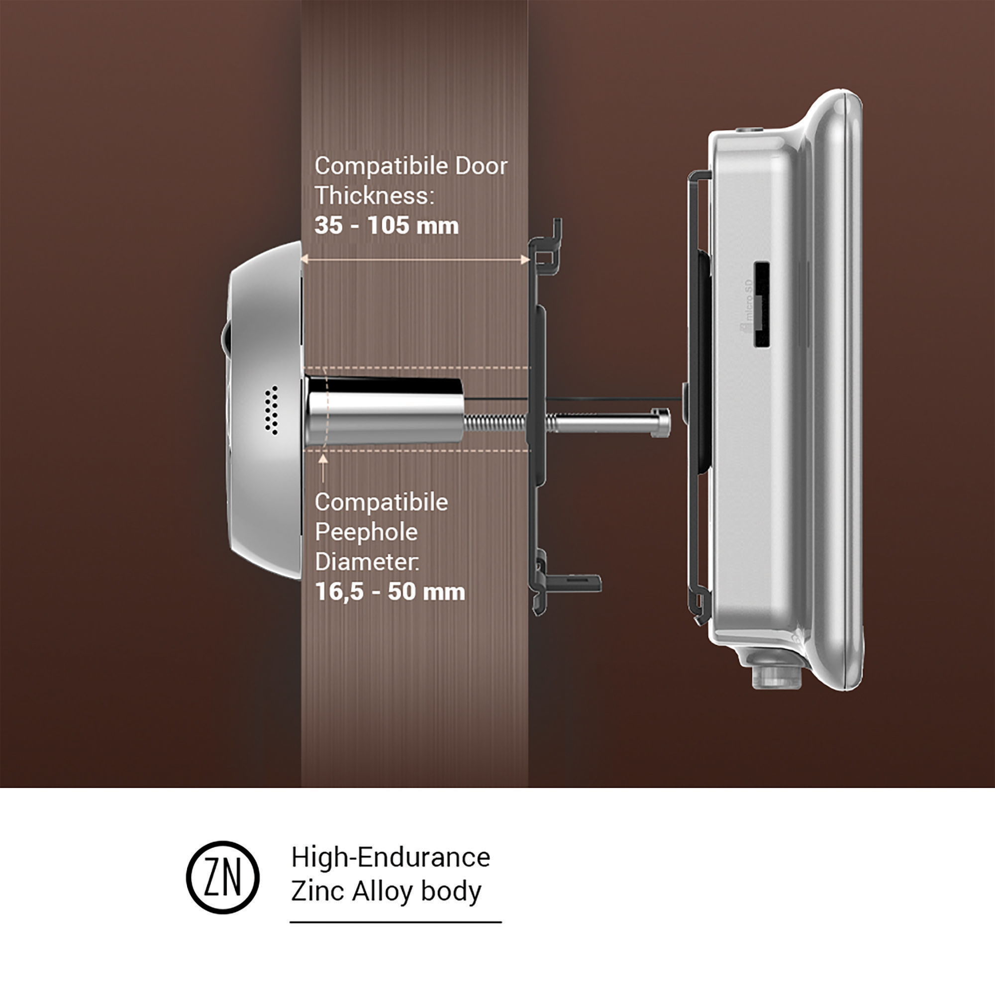 Una cerradura de puerta inteligente plateada instalada en una puerta de madera marrón.
