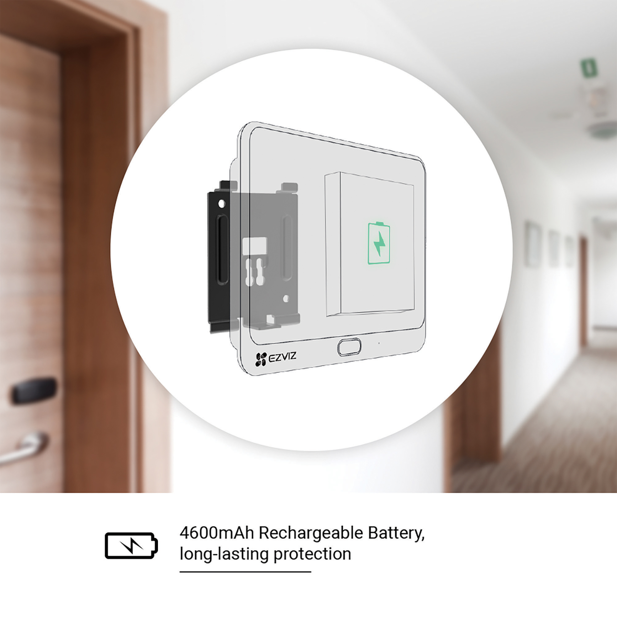 Dispositivo blanco montado en pared con icono de batería verde. Texto: protección duradera.